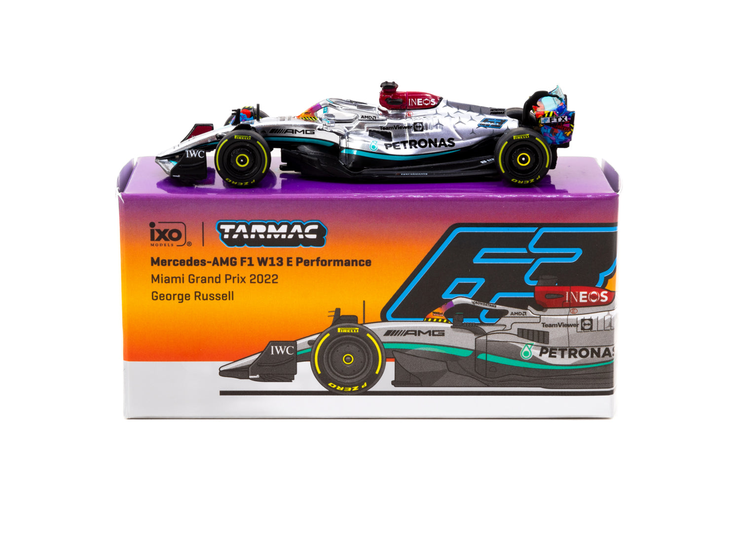 Tarmac Works X iXO Models 1/64 Mercedes AMG F1 W13 E Performance Miami Grand Prix 2022 #63 George Russell Diecast Car - Collectible F1 Racing Model for Display & Racing Enthusiasts