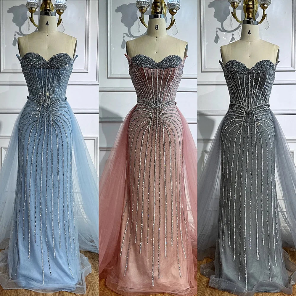 Elegant Strapless Pink Pearl Beaded Arabic Mermaid Evening Gown with Detachable Overskirt LA72811B - Perfect for Weddings, Prom, Gala & Formal Events