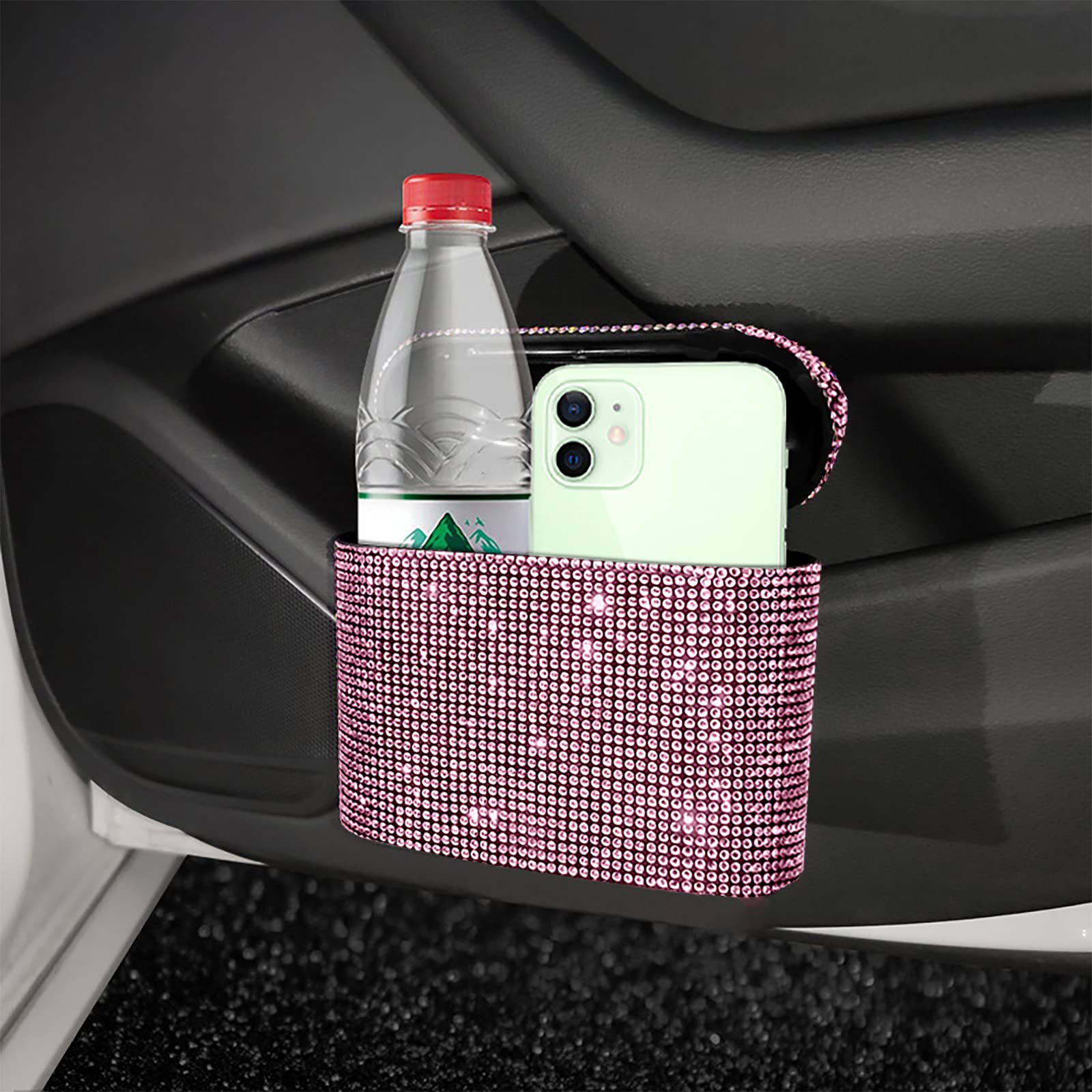 Bling Car Trash Can with Rhinestones - Pink Mini Waterproof Garbage Organizer for Women's Auto Accessories, Perfect for Road Trips and Daily Commutes