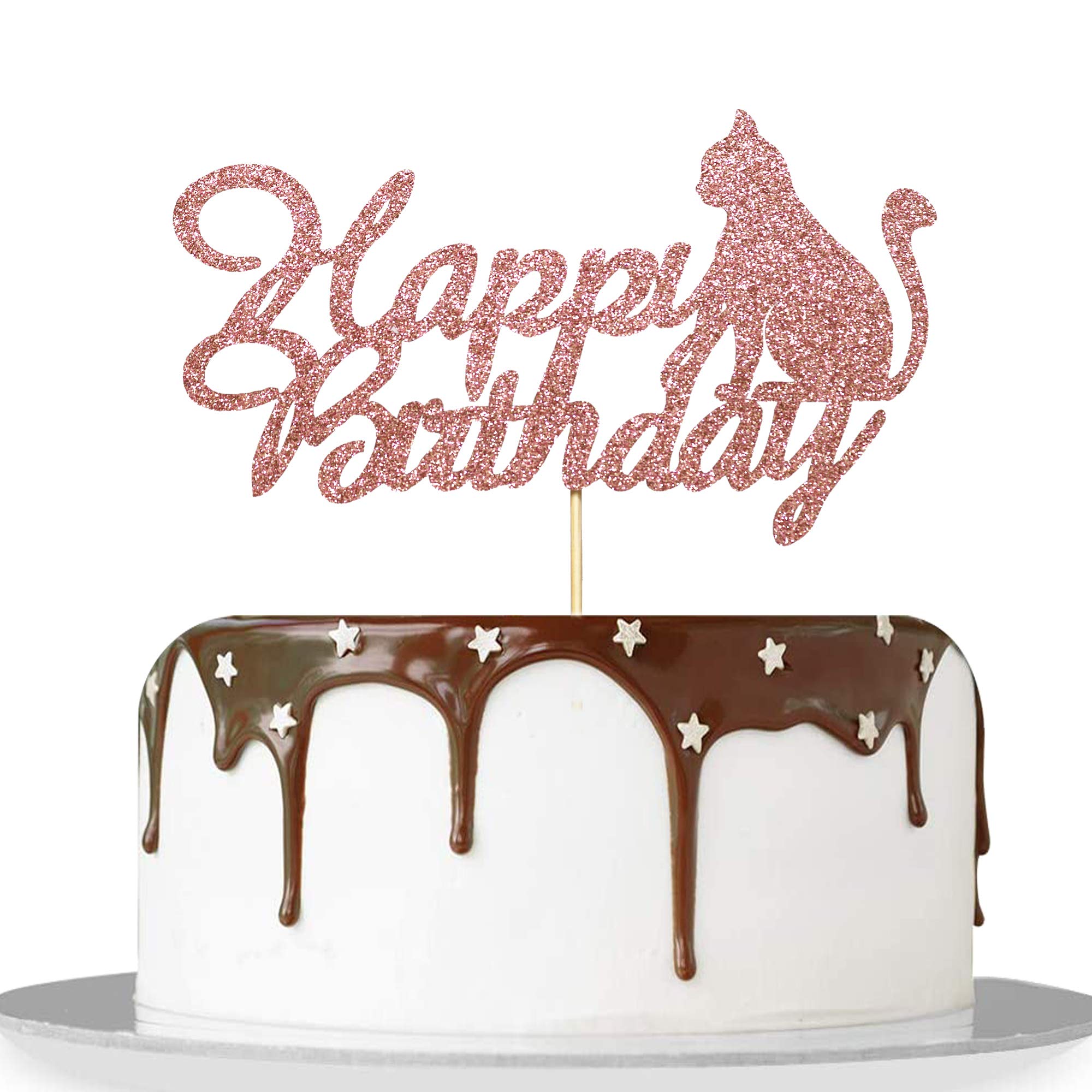 Rose Gold Glitter Cat Cake Topper - Happy Birthday Cake Decoration for Cat Lovers | Perfect for Cat-Themed Birthday Parties, Baby Showers & Special Celebrations