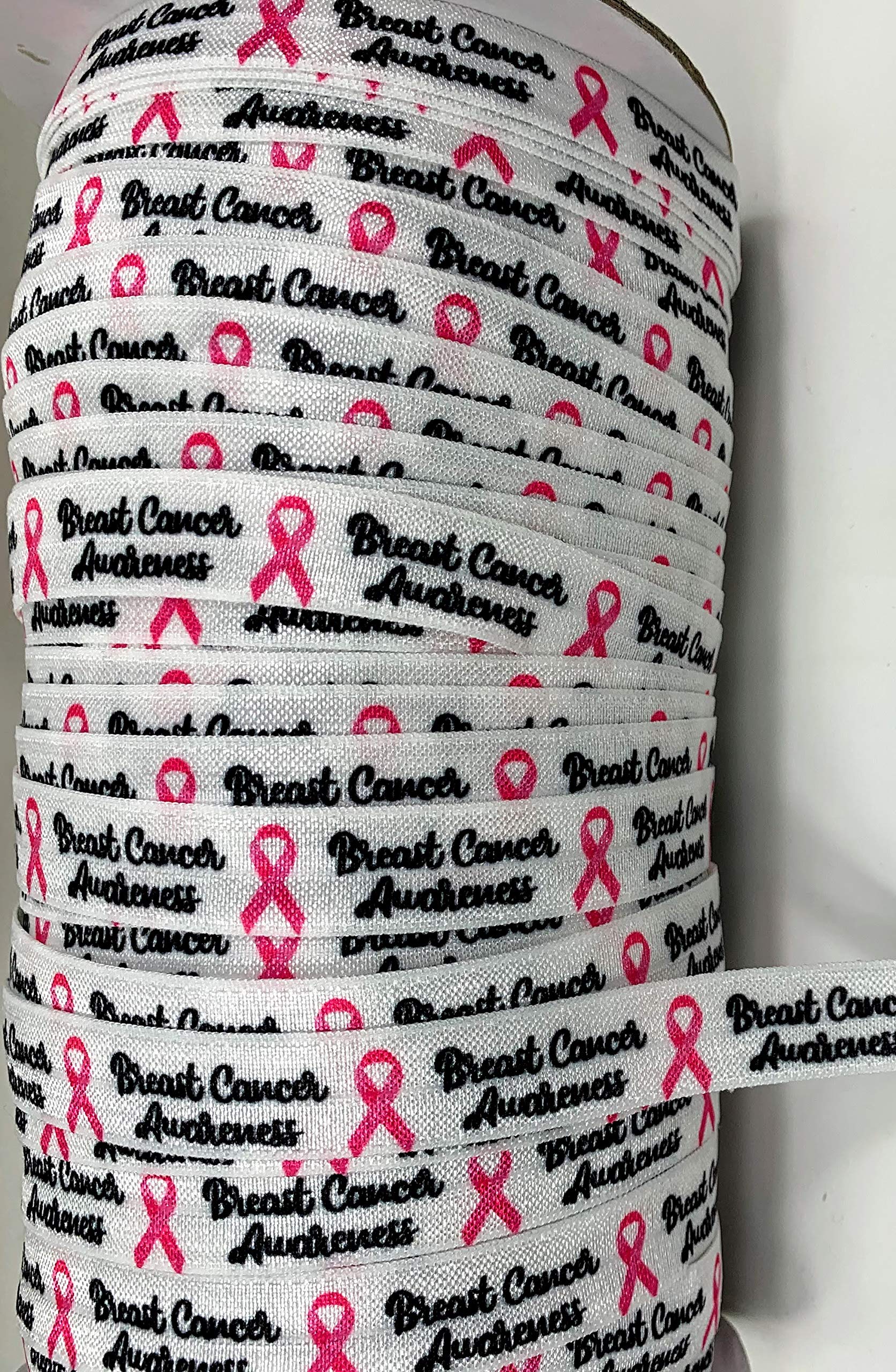 10 Yards White Breast Cancer Awareness Printed Elastic Ribbon - 5/8