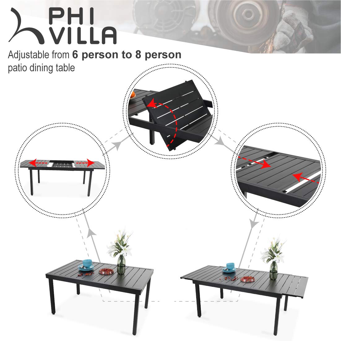 PHI VILLA 9-Piece Patio Dining Set with 8 Spring Motion Cushioned Chairs & Extendable Metal Table - Waterproof Outdoor Furniture for Garden, Backyard, Poolside & Patio (Red) - Perfect for Entertaining, Dining Al Fresco & Relaxing Outdoors
