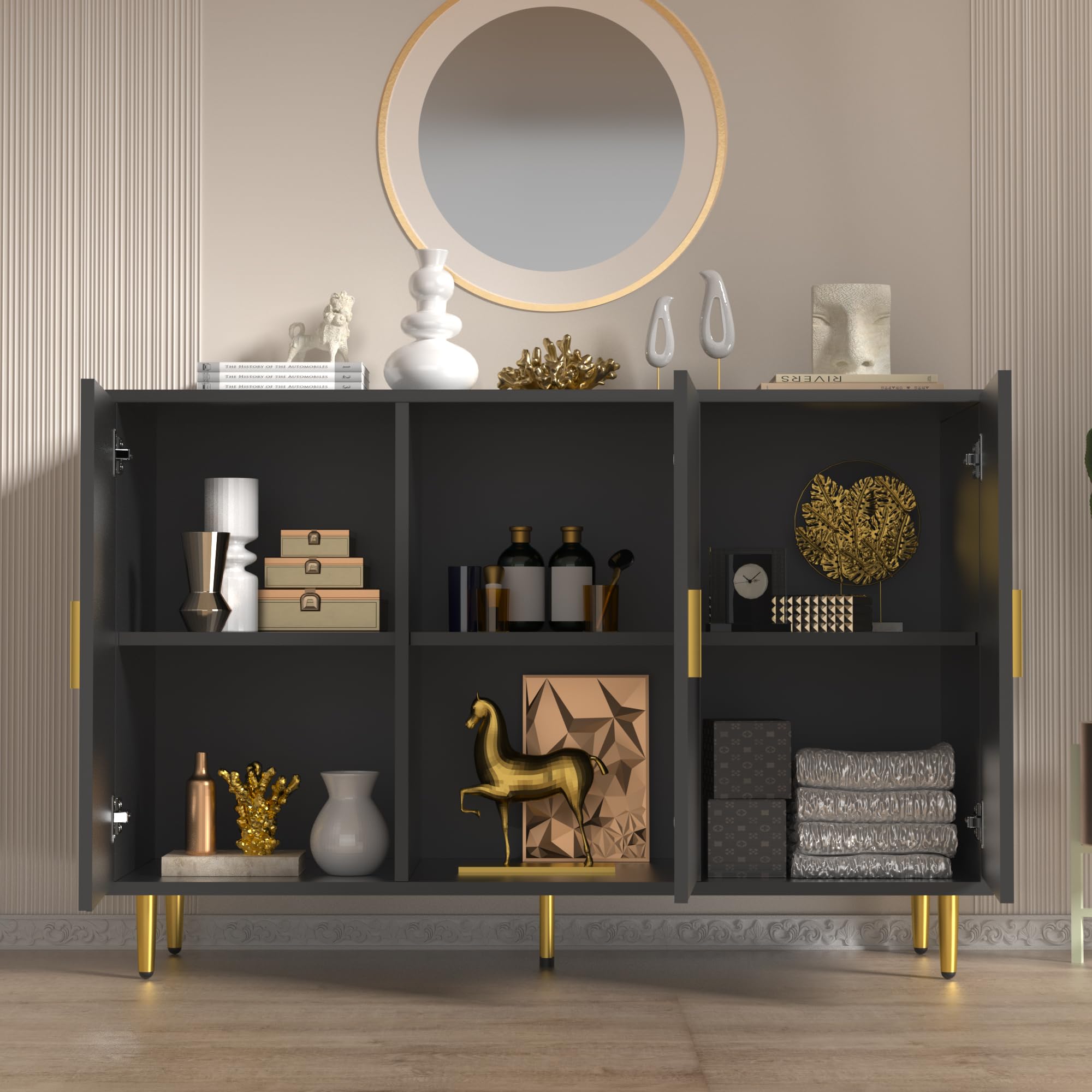 Black Sideboard Buffet Cabinet - 3-Door Accent Coffee Bar Cabinet for Entryway, Living Room, Kitchen & Hallway - Perfect for Storage, Display & Serving Drinks