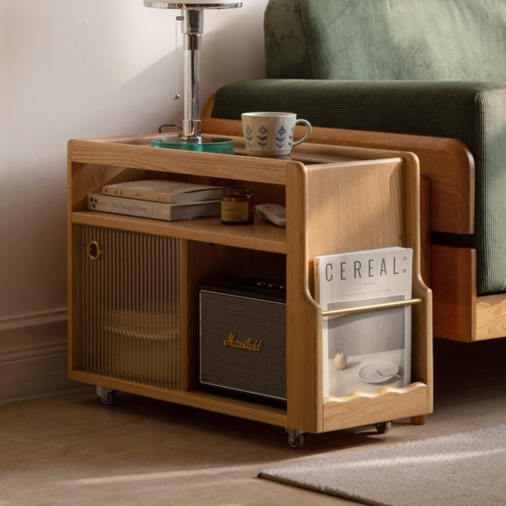 Solid Wood Mobile Glass Side Table - Oak, Poplar, Black Walnut - Perfect for Living Room, Bedroom or Office Use
