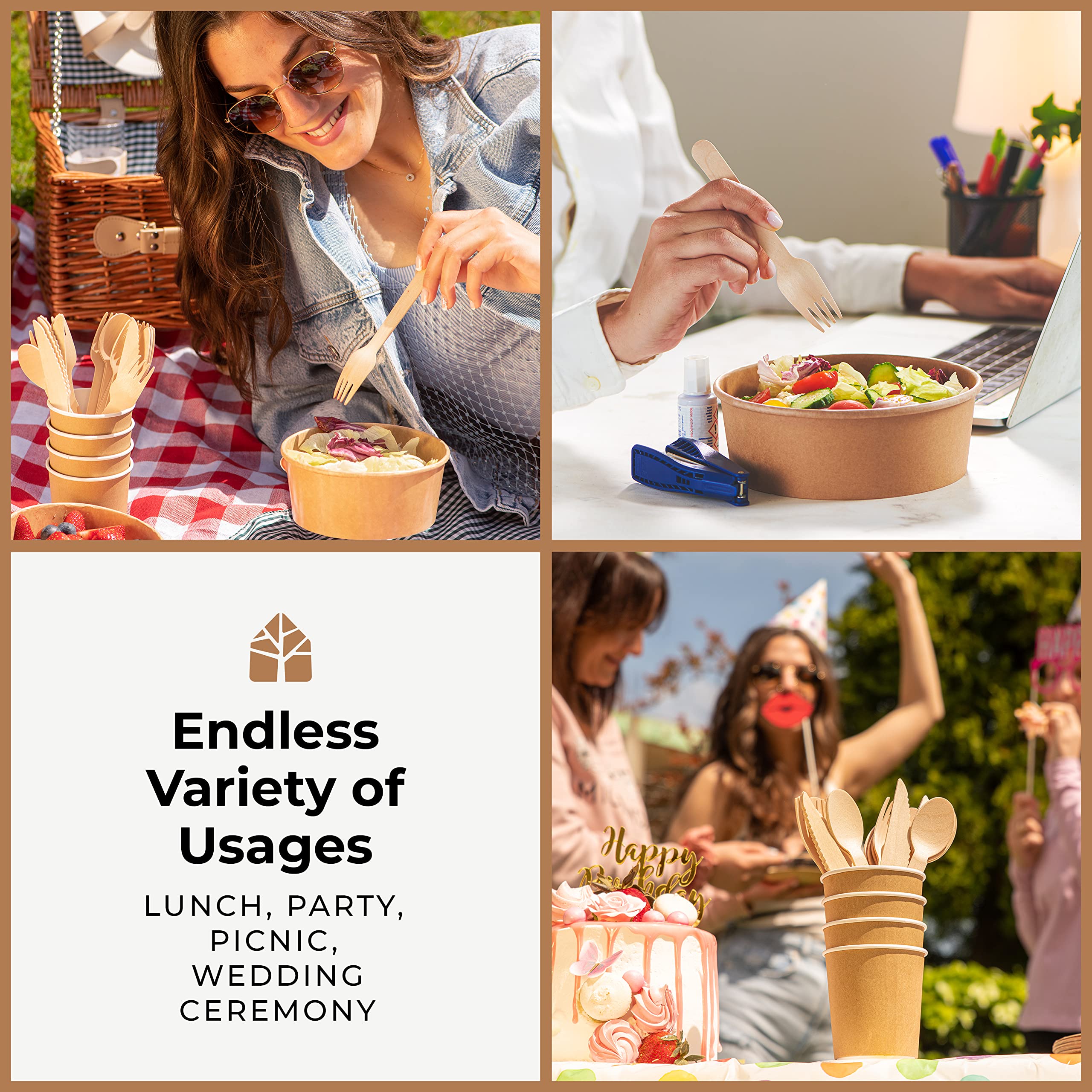 Eco-Friendly Biodegradable Utensils Set - 320 Pcs Compostable Forks, Spoons & Knives (120 Forks, 120 Wooden Spoons, 80 Knives) - Sustainable Disposable Cutlery for Parties, Picnics, Camping & Events