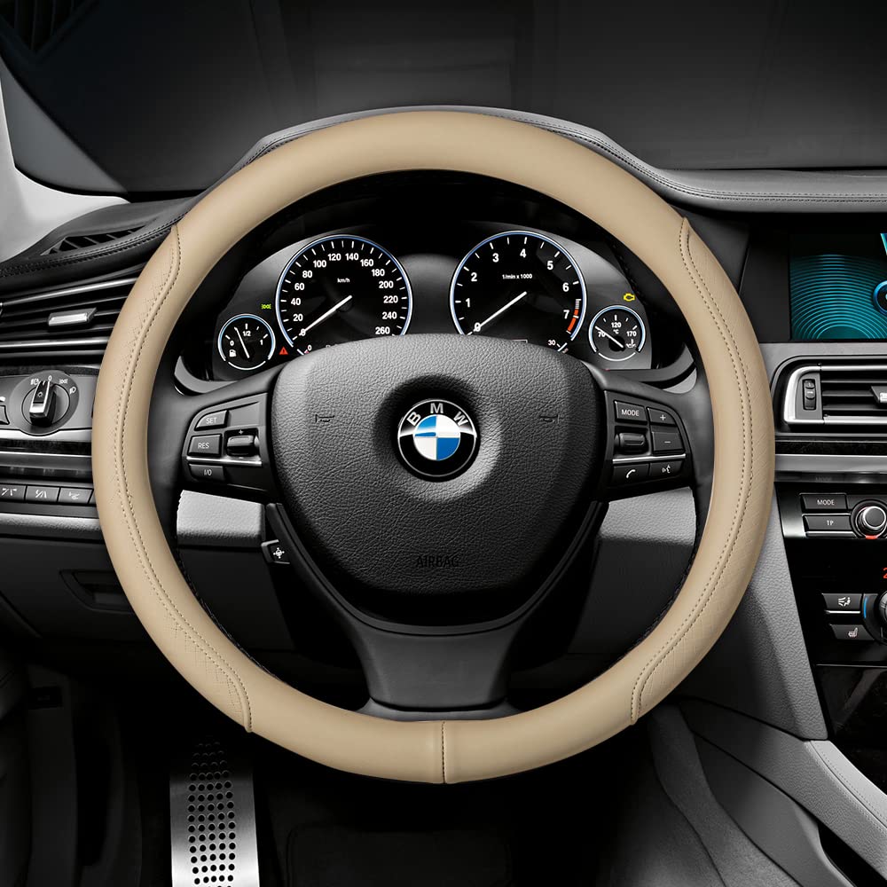 Premium Microfiber Leather Steering Wheel Cover - Classic Embossed Design, Anti-Slip & Breathable - Universal Fit for 15 Inch Wheels (Beige) | Perfect for Cars, Trucks & SUVs - Enhances Grip & Comfort for Daily Commutes & Road Trips
