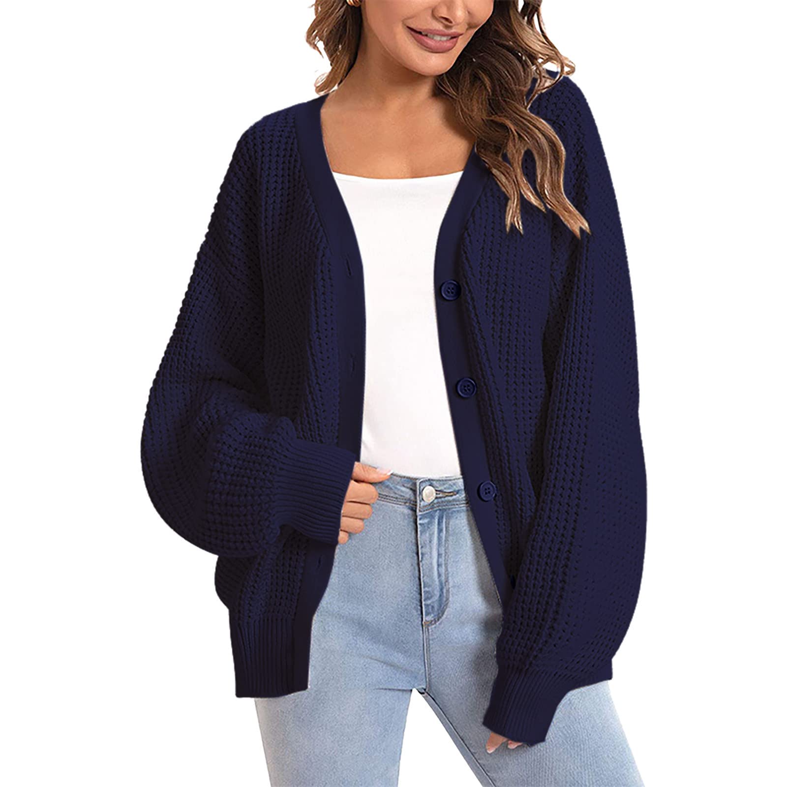 Women's Lightweight Knitted Waffle Cardigan - Long Sleeve Button Down Winter Coat for Casual Wear | Perfect for Office, Date Night & Fall Layering