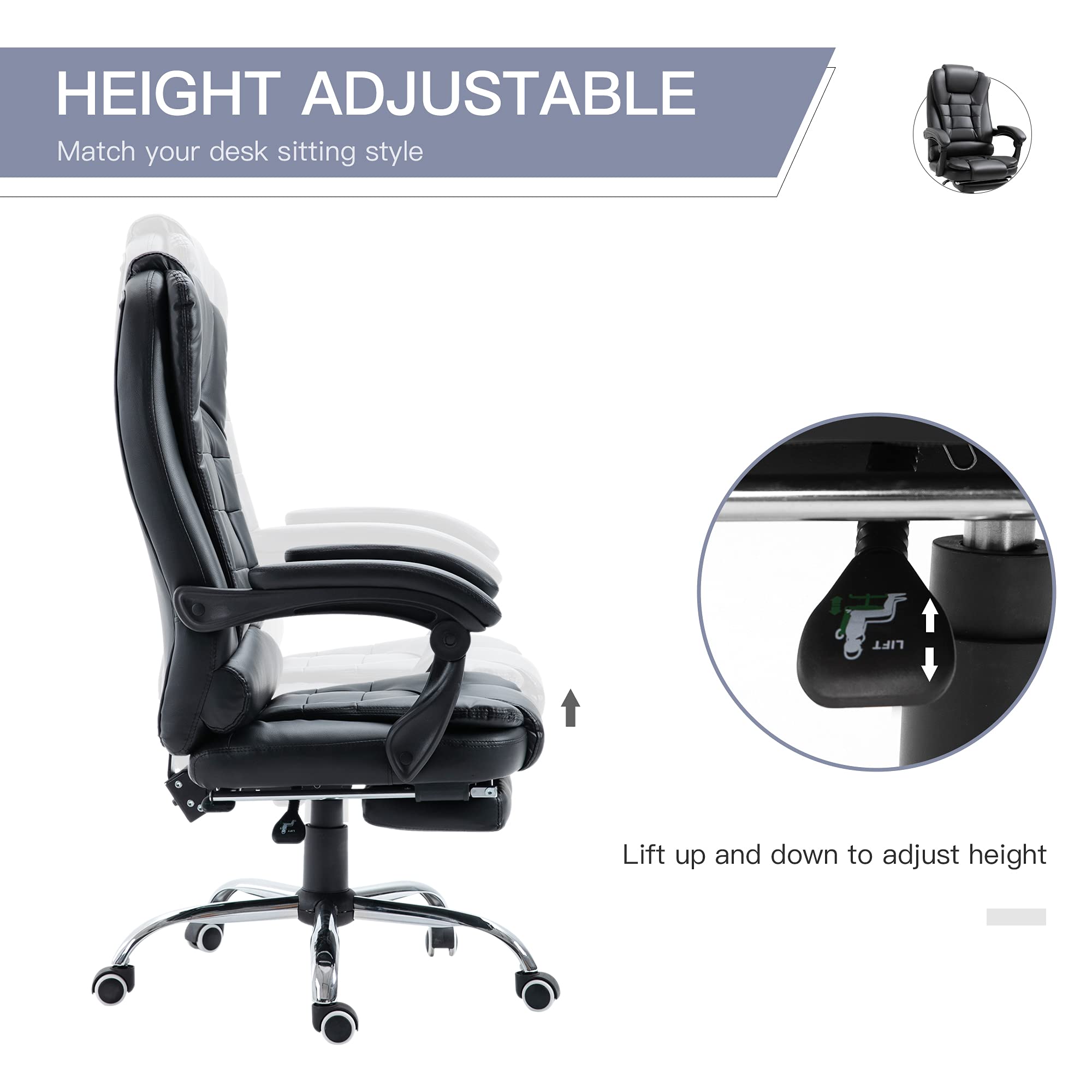 HOMCOM High Back Ergonomic Executive Office Chair - PU Leather Computer Desk Chair with Adjustable Lumbar Support, Retractable Footrest, Padded Headrest & Armrests - Black - Perfect for Home Office, Gaming & Workspace Comfort