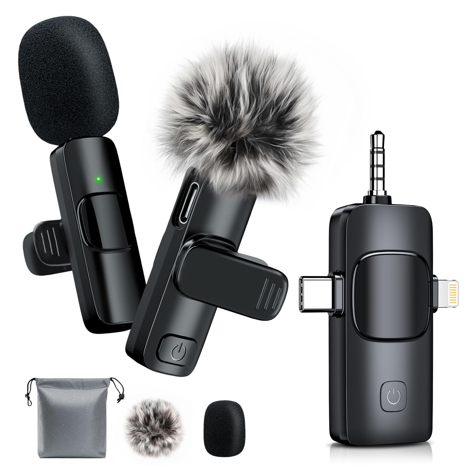 3-in-1 Wireless Lavalier Microphone Kit - Noise Cancelling Clip-on Mic for iPhone, Android, iPad & DSLR Cameras - Perfect for YouTube Vlogging, Podcasting, Interviews & Live Streaming (Includes USB-C/Lighting Adapters) - Ideal for Content Creators, Journalists & Remote Workers