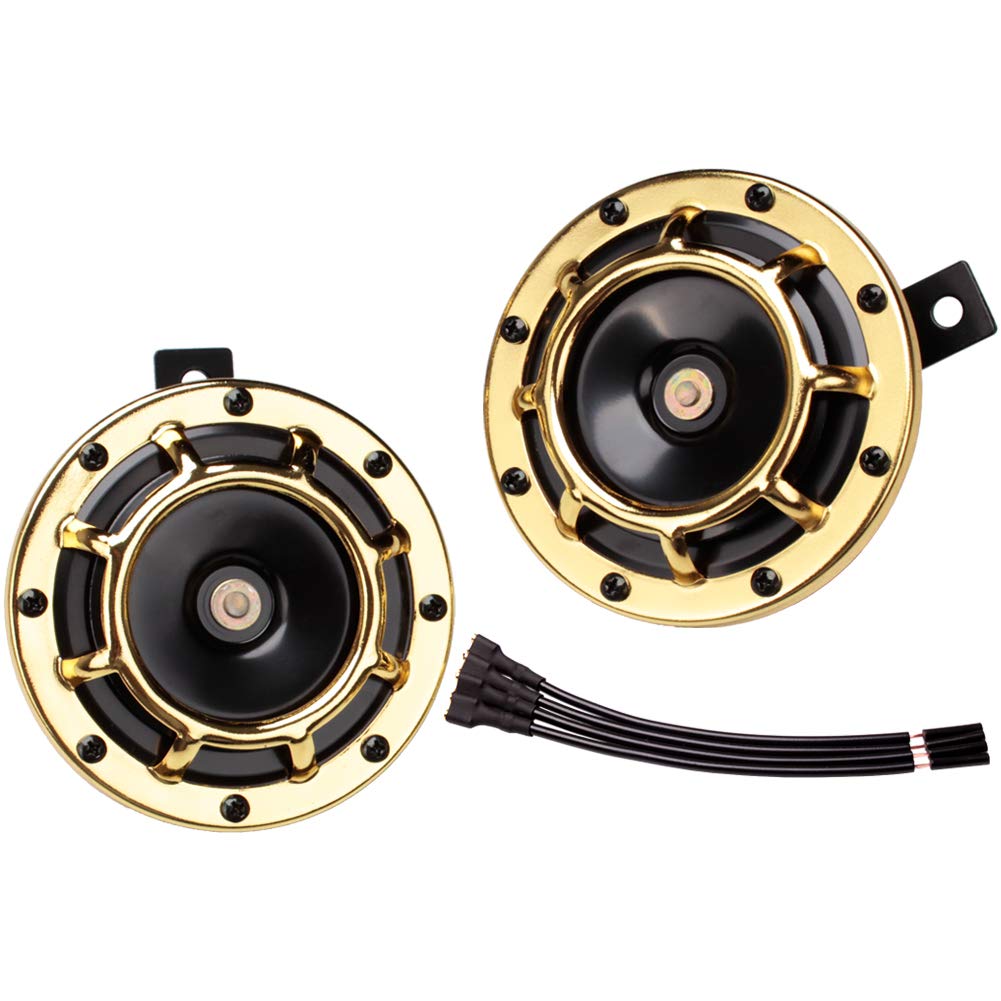 FARBIN 12V Loud Electric Car Horn Kit - High/Low Tone Twin Train Horn for Cars, Motorcycles, Trucks (Gold) | Perfect for Road Safety, Off-Road Vehicles & Emergency Warning Systems