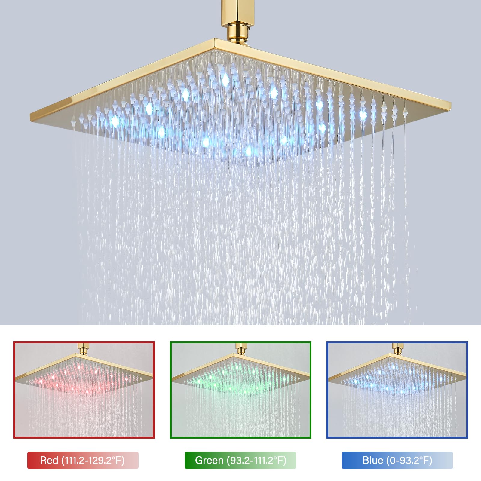 Polished Gold 12 Inch LED Square Rainfall Shower Head System - Ceiling Mount Shower Faucet Set with Hand Sprayer, Rough-in Valve Trim Kit & Bathroom Mixer (Perfect for Modern Luxury Bathrooms & Spa-like Showers)