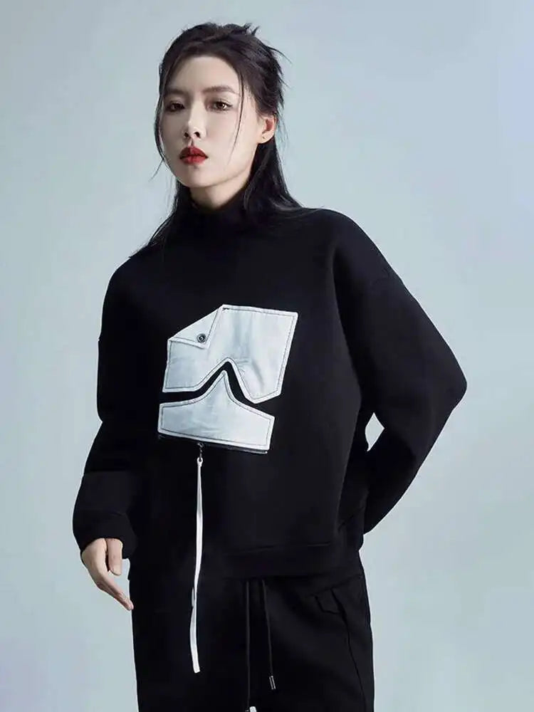Black Pattern Zipper Thick Sweatshirt for Women | Turtleneck Long Sleeve Pullover | Plus Size Fashion Hoodie | 2025 Spring & Autumn Collection | Perfect for Casual Wear, Layering & Outdoor Activities