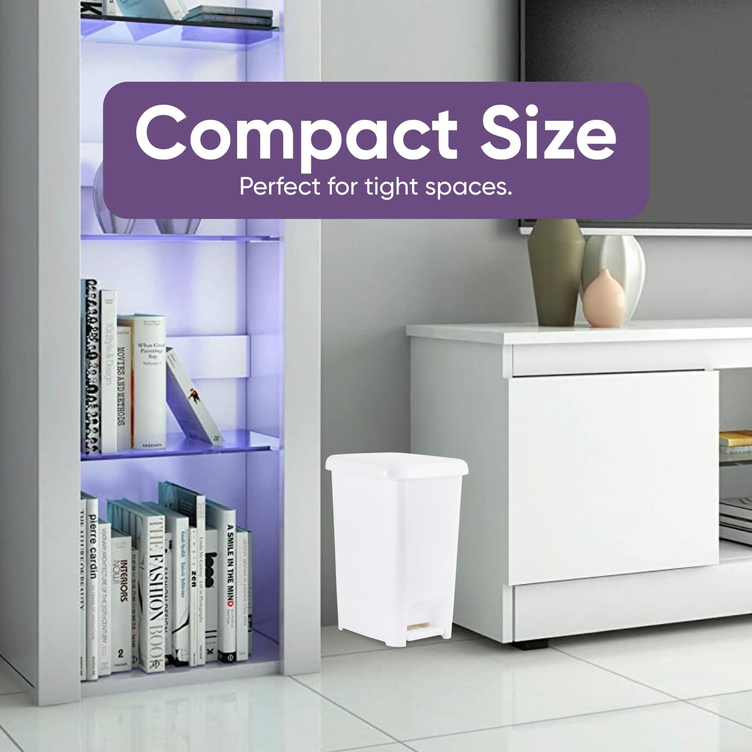 Superio 4 Gallon Slim Step-On Trash Can with Lid - Small Plastic Foot Pedal Garbage Bin for Bathroom, Kitchen, Office, Bedroom & Dorm - Perfect for Tight Spaces & Hands-Free Disposal - White