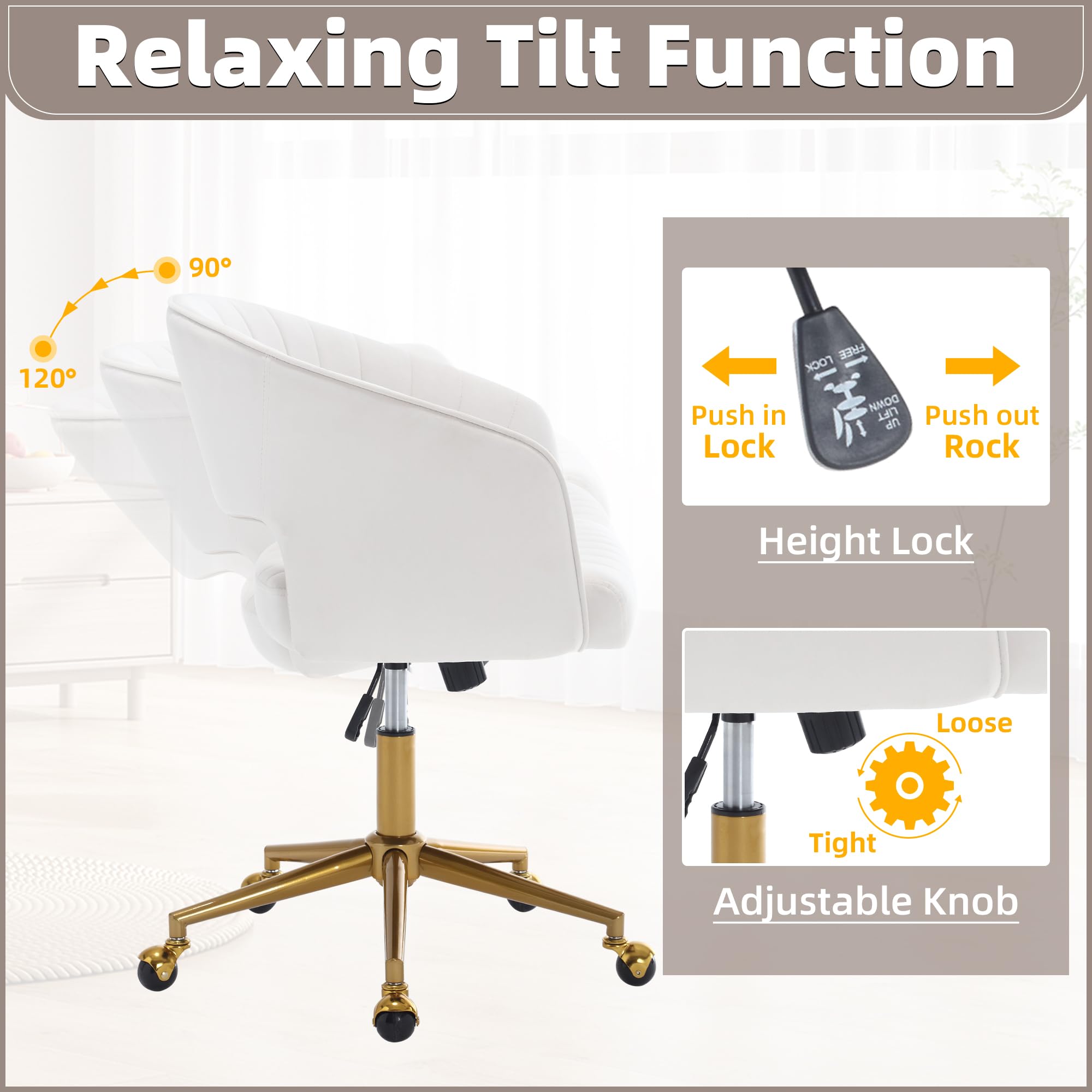 ABET Velvet Swivel Office Chair with Wheels & Adjustable Back - Modern Upholstered Desk Chair with Gold Base for Home, Living Room, Bedroom & Vanity - Cream White | Ergonomic Comfort for Work & Relaxation