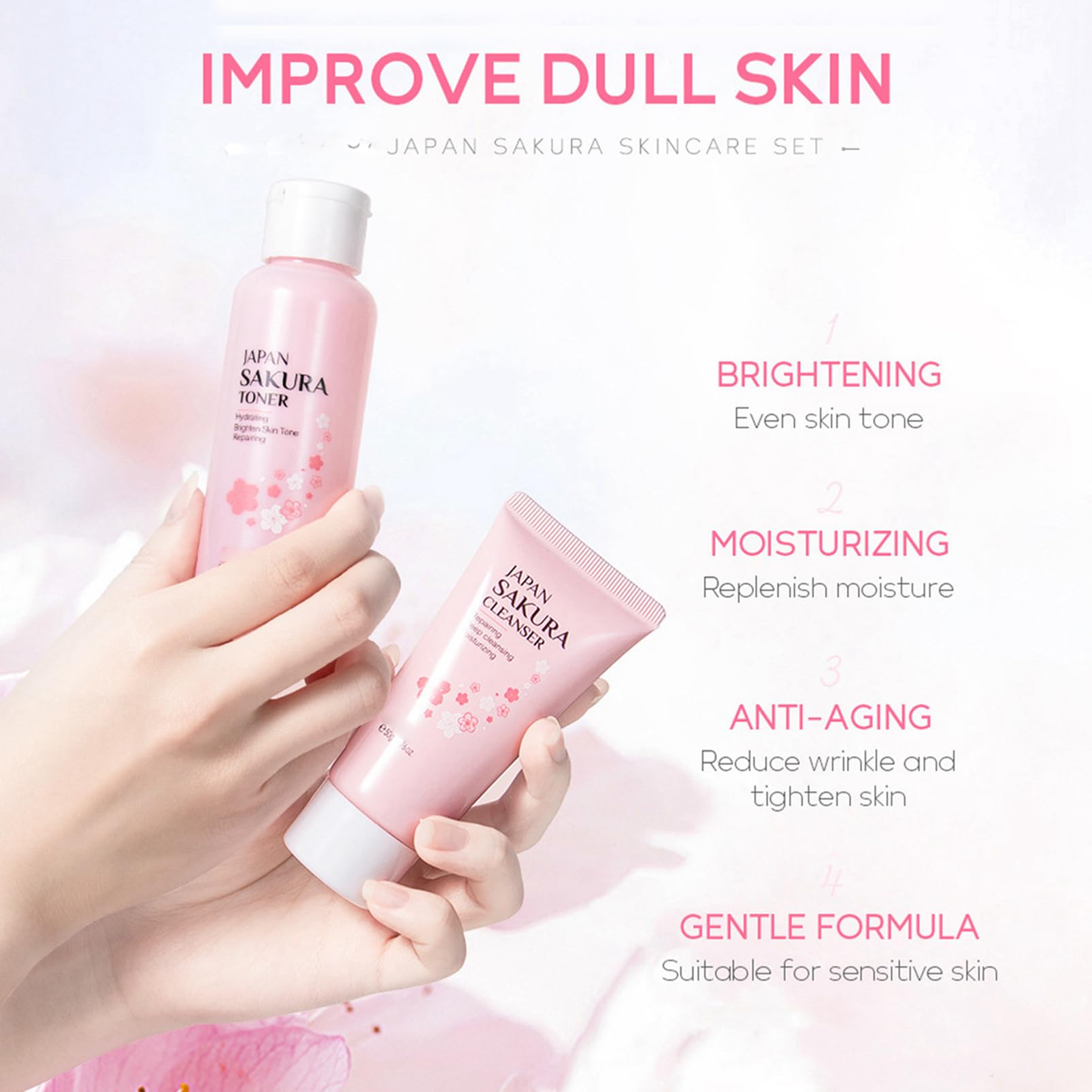 Sakura Women's Skincare Gift Set - Korean Beauty Kit with Cleanser, Serum, Face Cream, Toner, Eye Cream & Mud Mask - Complete Daily Skincare Routine for Dry & Sensitive Skin - Perfect for Hydration & Anti-Aging (Cherry Blossom Scent, One Size)