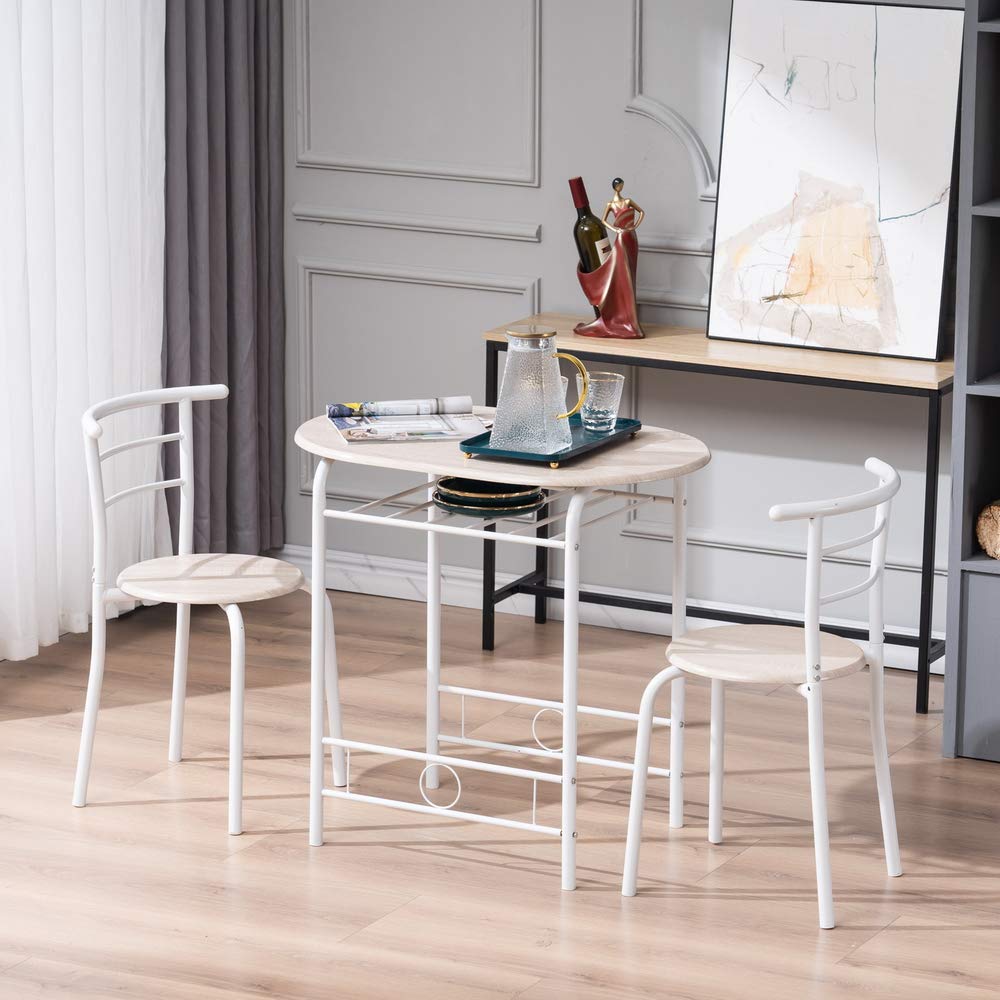 3 Pcs Modern Wood Dining Table and Chairs Set with Two Stools, Contemporary White Kitchen Breakfast Table for Home, Office, or Small Spaces