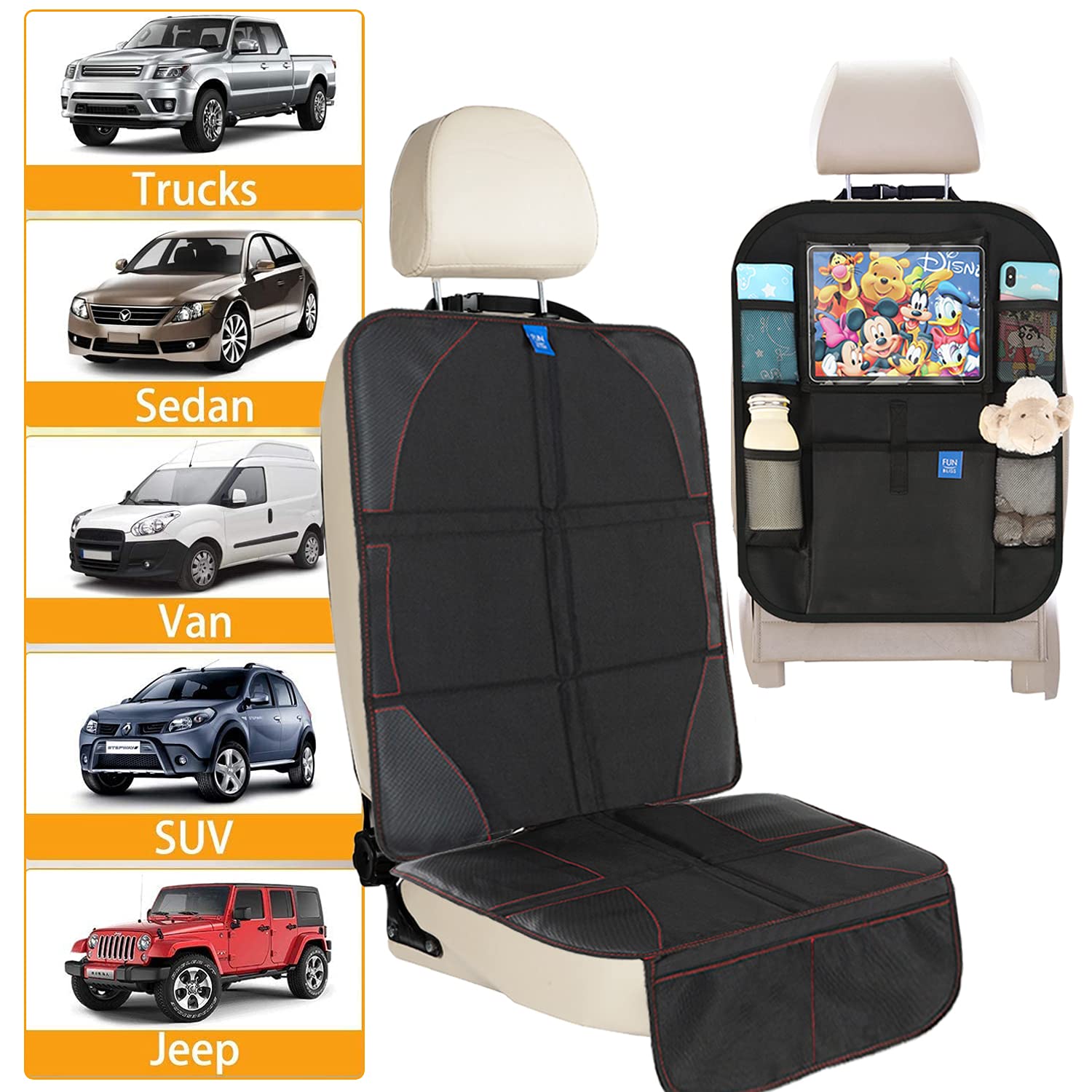 FunBliss XL Car Seat Protector & Kick Mats - Black Backseat Organizer with Storage Pockets | Universal Fit for All Cars | Durable Child & Baby Car Seat Cover | Perfect for Family Road Trips & Daily Commutes