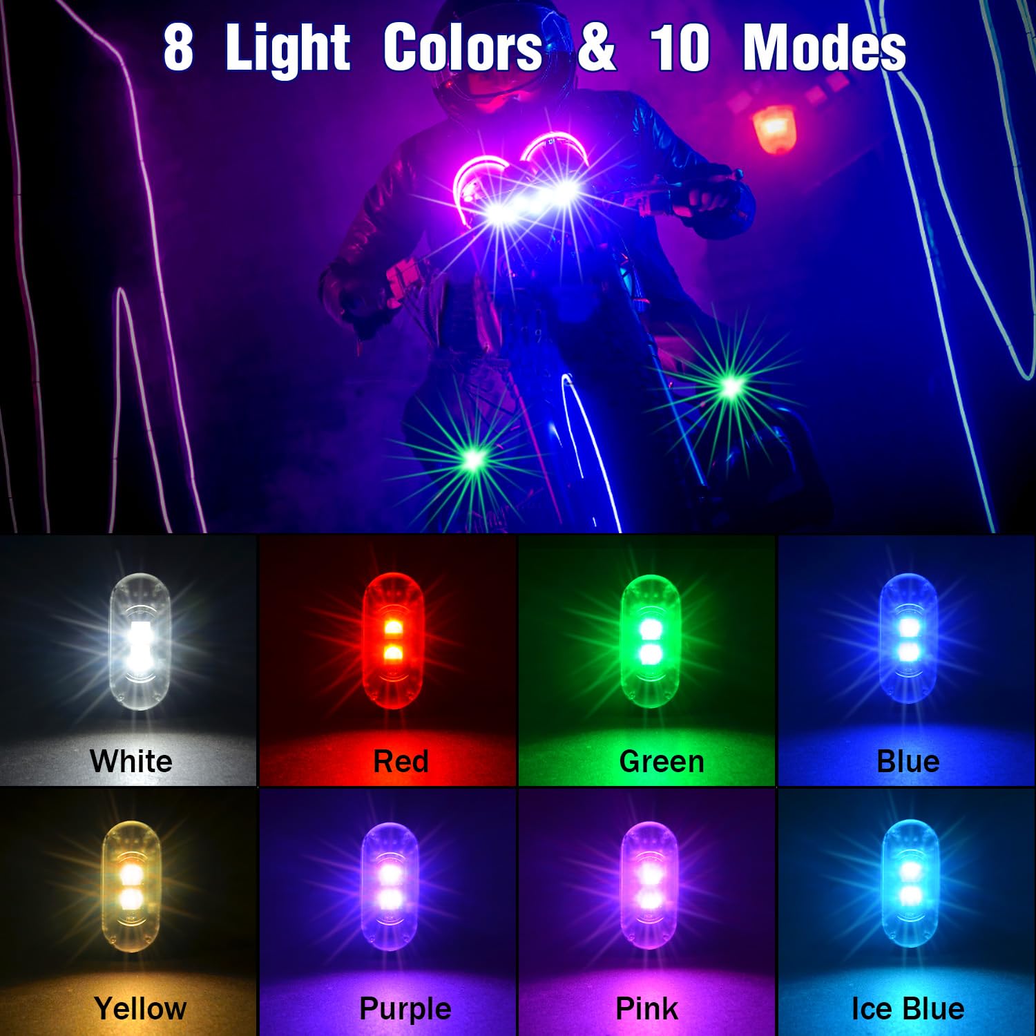 4PCS Wireless LED Strobe Lights with Remote Control - 8 Color Rechargeable Anti-Collision Emergency Warning Lights for Car, Motorcycle, Bike, Drone, Aircraft | Perfect for Night Rides, Roadside Emergencies & Vehicle Safety