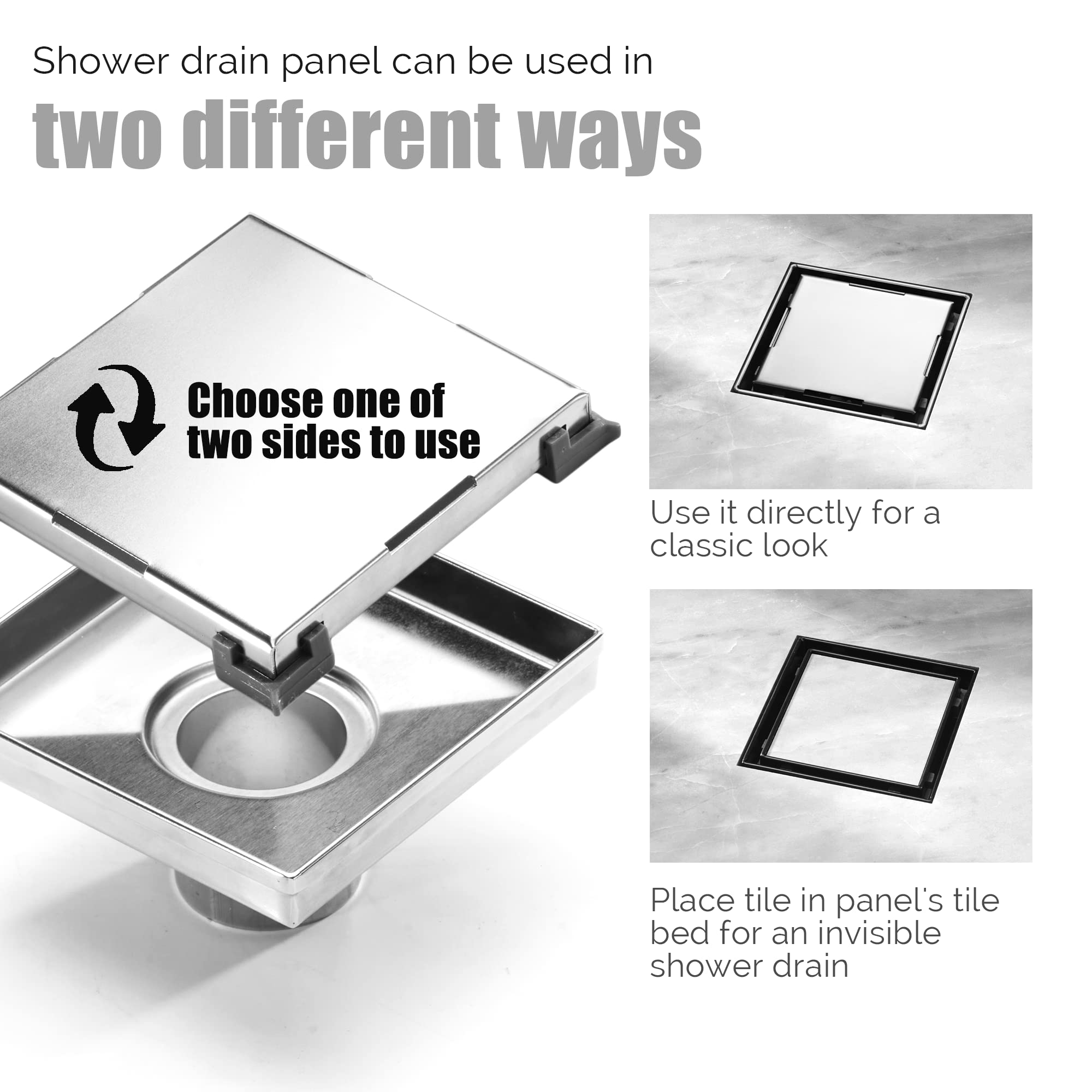 HEATGENE 6-Inch Square Shower Drain with Flat Cover - Stainless Steel Floor Drain with Hair Strainer & 2-in-1 Flat/Tile Insert Cover - Brushed Finish for Bathroom, Shower Stall & Wet Room Installation