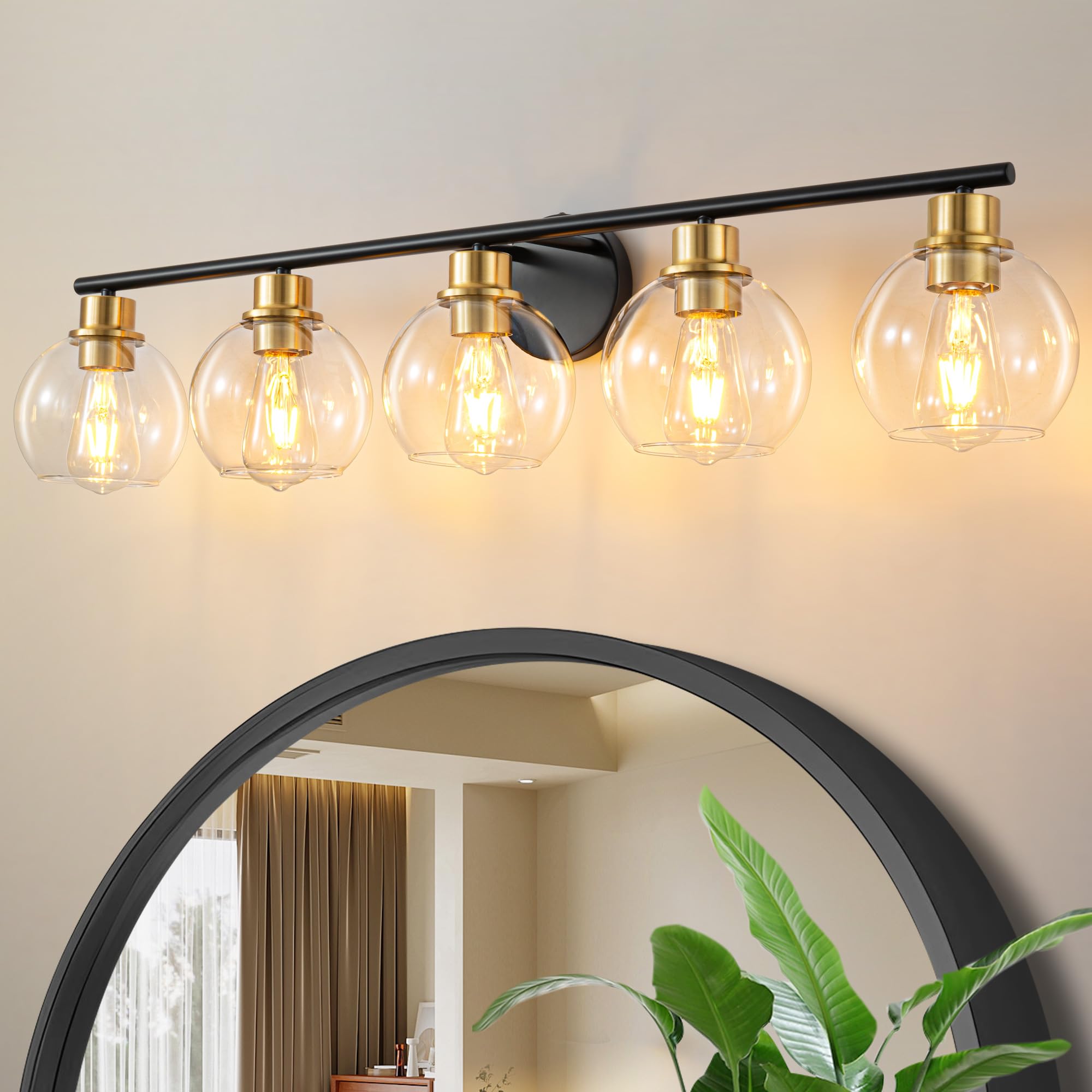 Modern Black & Gold Bathroom Vanity Light Fixture - 5-Light Wall Sconce with Clear Glass Shades (37.4 Inch) - Perfect for Mirror Lighting, Powder Room & Master Bathroom Decor