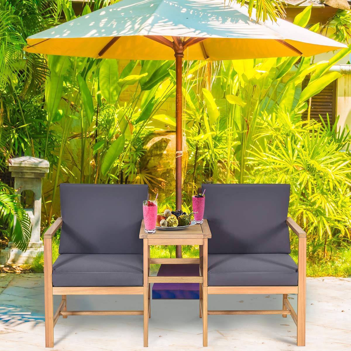 3-Piece Patio Conversation Set - Solid Acacia Wood Outdoor Furniture with 2 Chairs & Coffee Table - Weather-Resistant Balcony, Garden, Backyard Set for Indoor/Outdoor Use - Perfect for Relaxing, Entertaining & Small Space Decor (Natural Teak Finish)