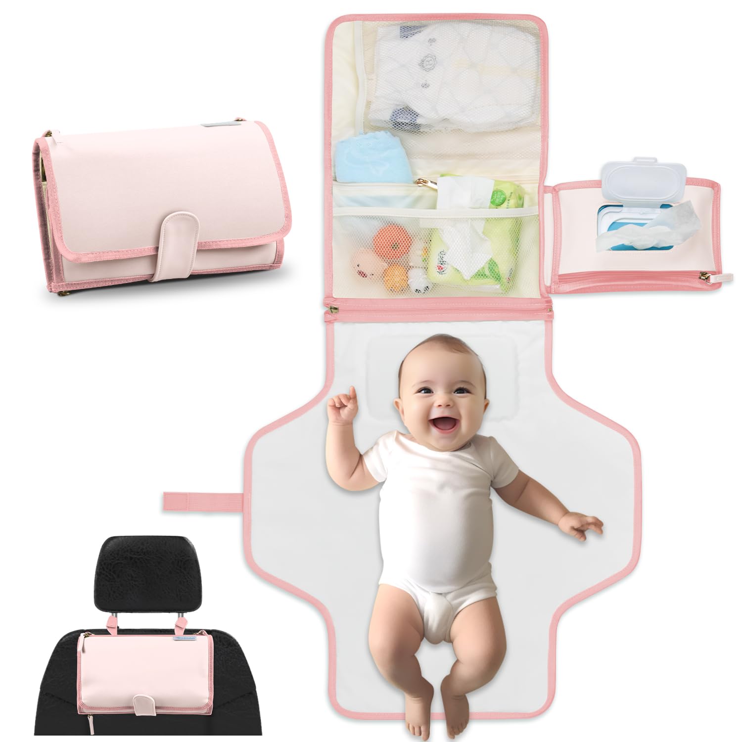 Portable Baby Diaper Changing Pad - Waterproof Travel Changing Mat for Newborns & Infants | Ideal for Nursery, Car, Stroller & On-the-Go Parents | Perfect Baby Shower Gift (Strawberries & Cream Design)