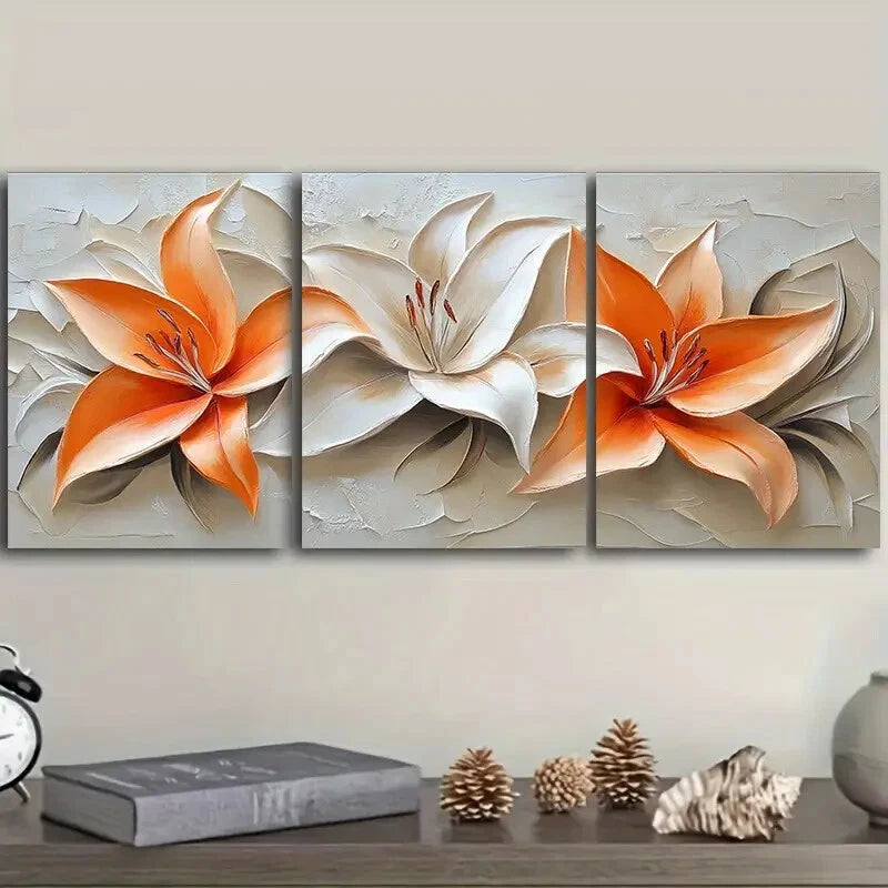 3-Piece Orange Lily Oil Painting Metal Prints - Ready to Hang Wall Art for Living Room, Bedroom & Office Decor