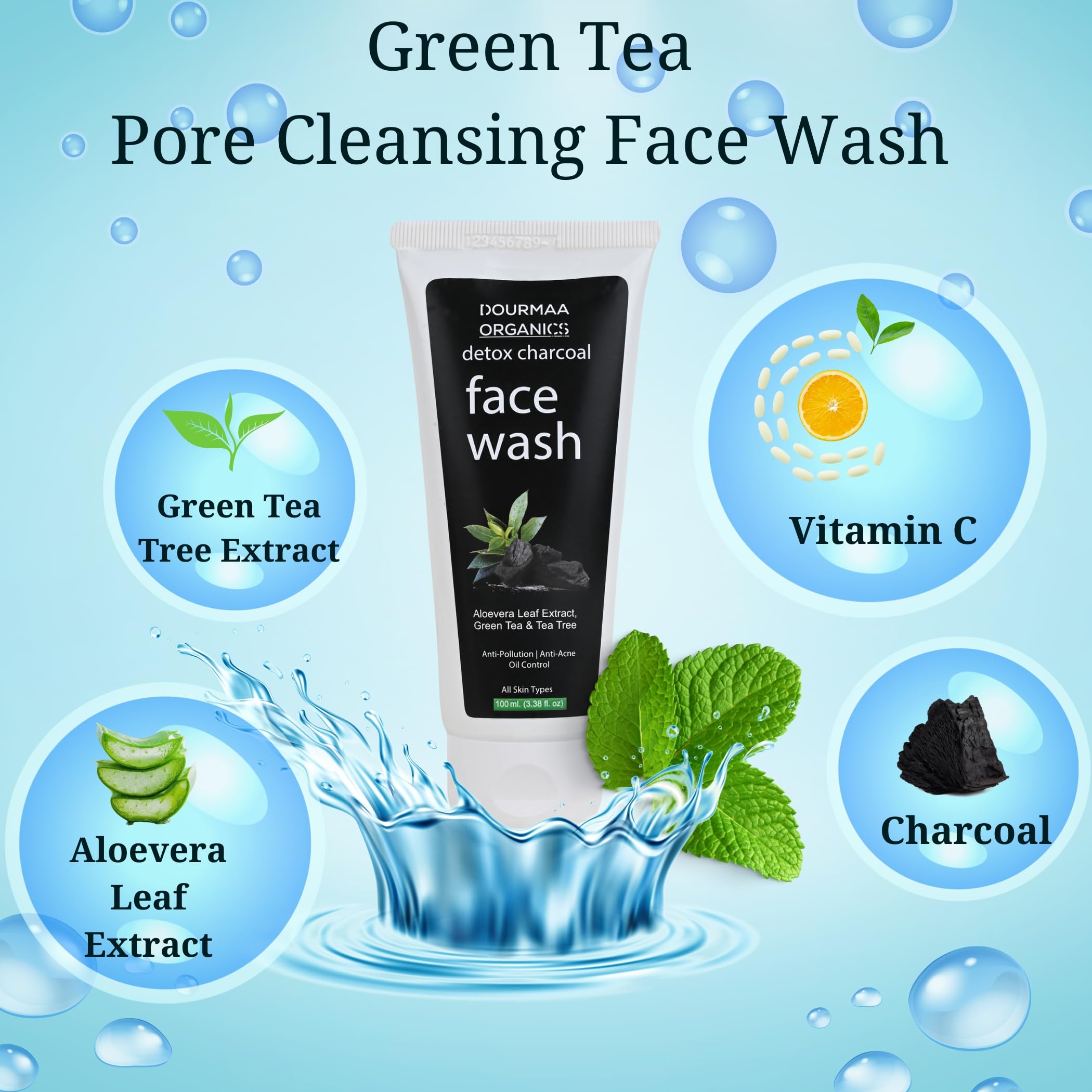 Dourmaa Organics Detox Activated Charcoal Face Wash with Vitamin C, Green Tea & Tea Tree - Anti Acne, Oil Control & Pollution Protection - Aloe Vera Extract - Unisex 100ml (Pack of 1) - Perfect for Daily Skincare Routine & Deep Cleansing