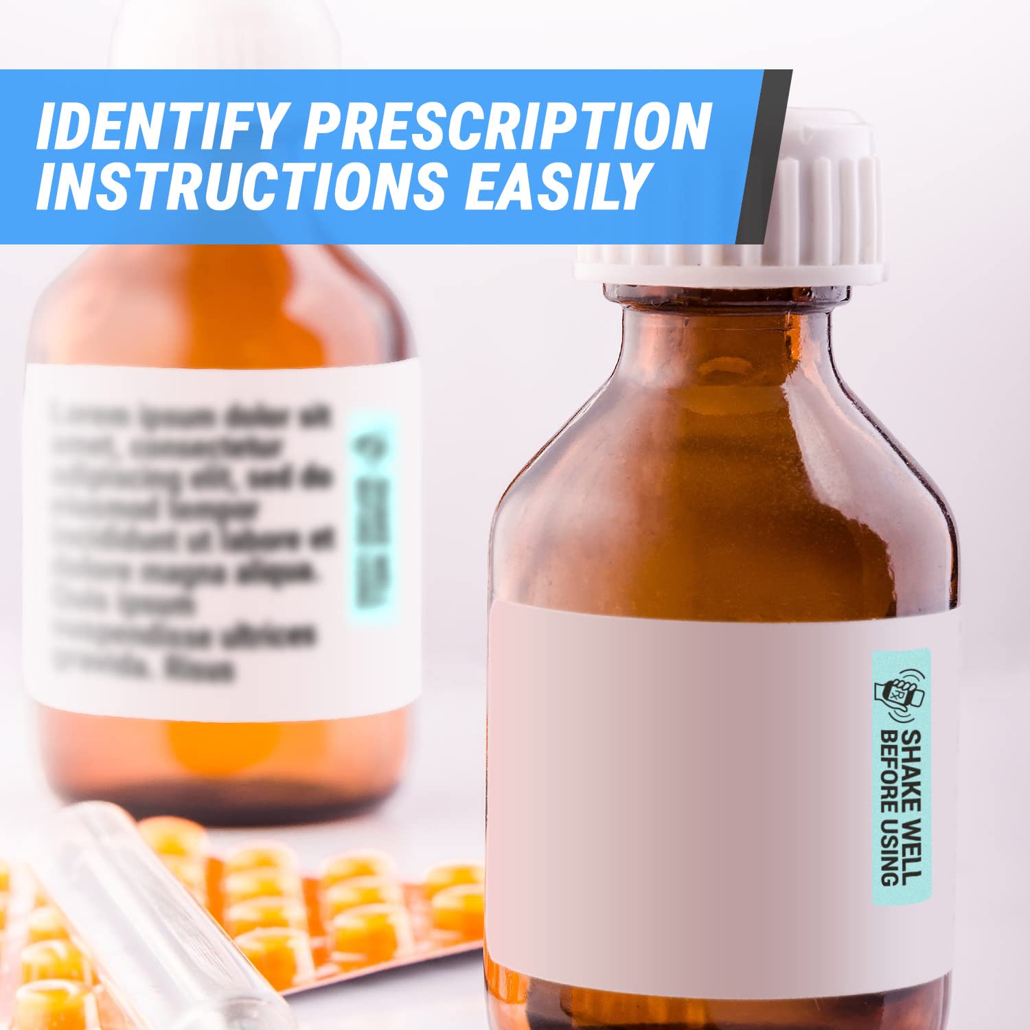 600 Shake Well Before Using Stickers, 0.4 x 1.7 Inch - Medical Instruction Labels for Veterinary, Healthcare & Pharmacy Use - Light Blue Rx Labels (2 Packs of 300) - Perfect for Medication Bottles, Prescription Containers & Medical Supplies Organization