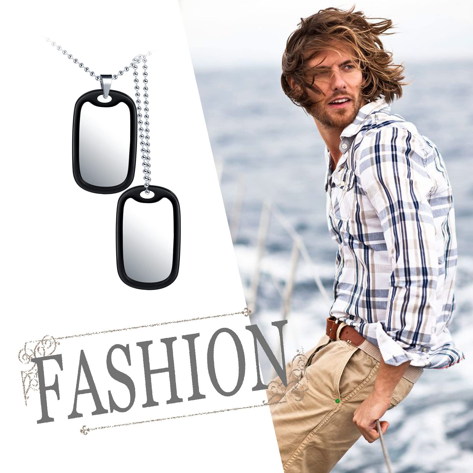 Feilok Men's Stainless Steel Dog Tag Necklace - Military Style for Outdoor & Casual Wear