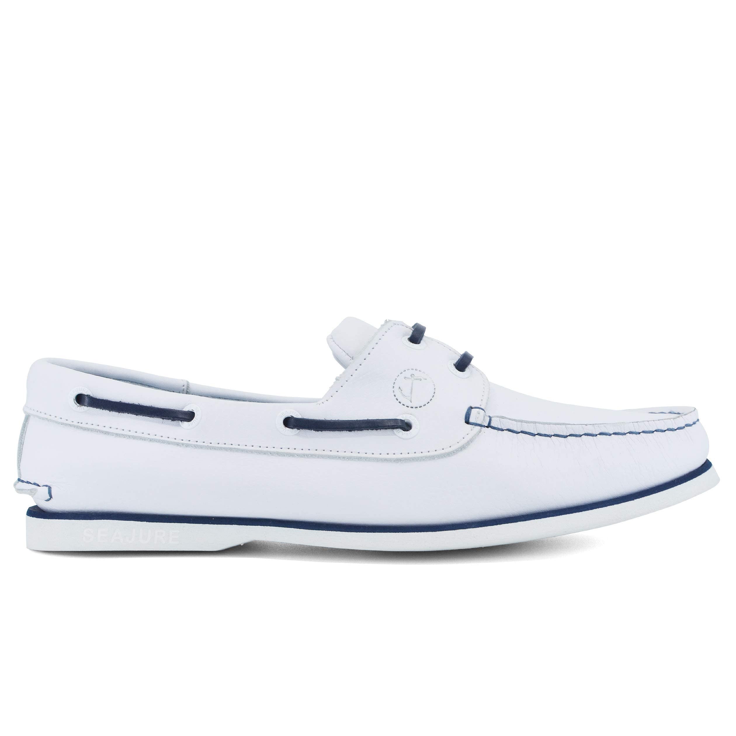 Seajure Men's Boat Shoes - White & Navy Blue Leather Deck Shoes for Casual Wear, Sailing, and Outdoor Activities