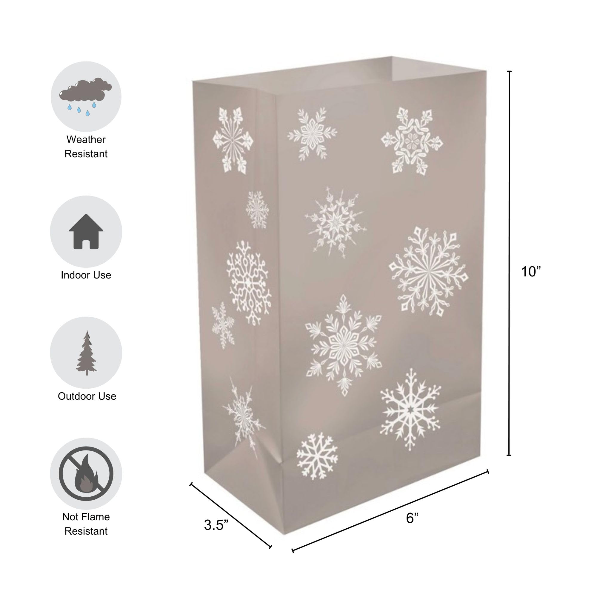 LumaBase Battery Operated Luminaria Kit with Timer - Silver Snowflake Design - Set of 6 Outdoor Christmas Decorations for Pathway, Garden, and Holiday Lighting