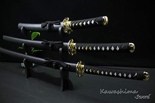 3PCS Hand-Forged 1045 Carbon Steel Samurai Sword Set with Bamboo Tsuba & Display Stand - Authentic Japanese Katana for Home Decor, Martial Arts Training, Cosplay, and Collectors