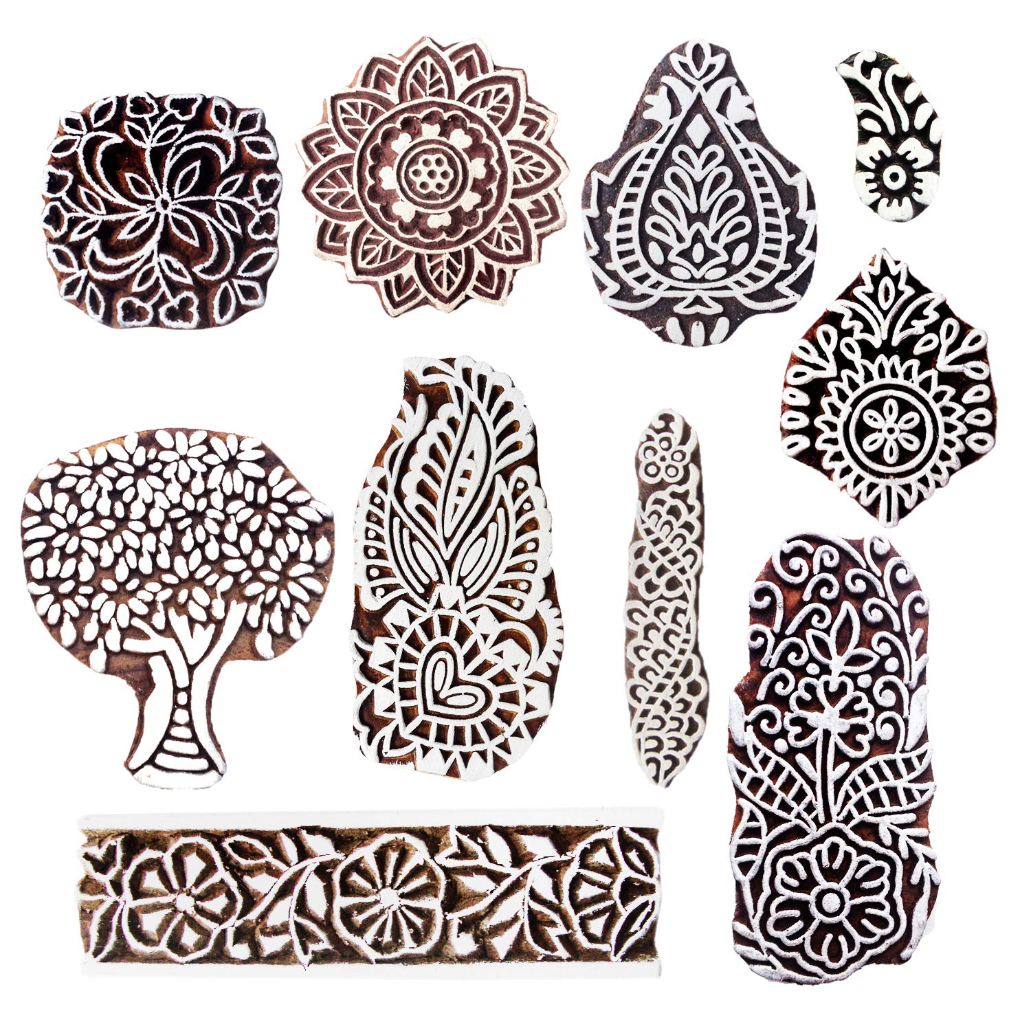 Royal Kraft Wooden Stamps for Block Printing - Set of 10 Handcrafted Stamps for Saree Borders, Textiles, Clay, Pottery & Tattoo Designs - Perfect for DIY Crafts, Fabric Printing & Art Projects (MXtag0005)