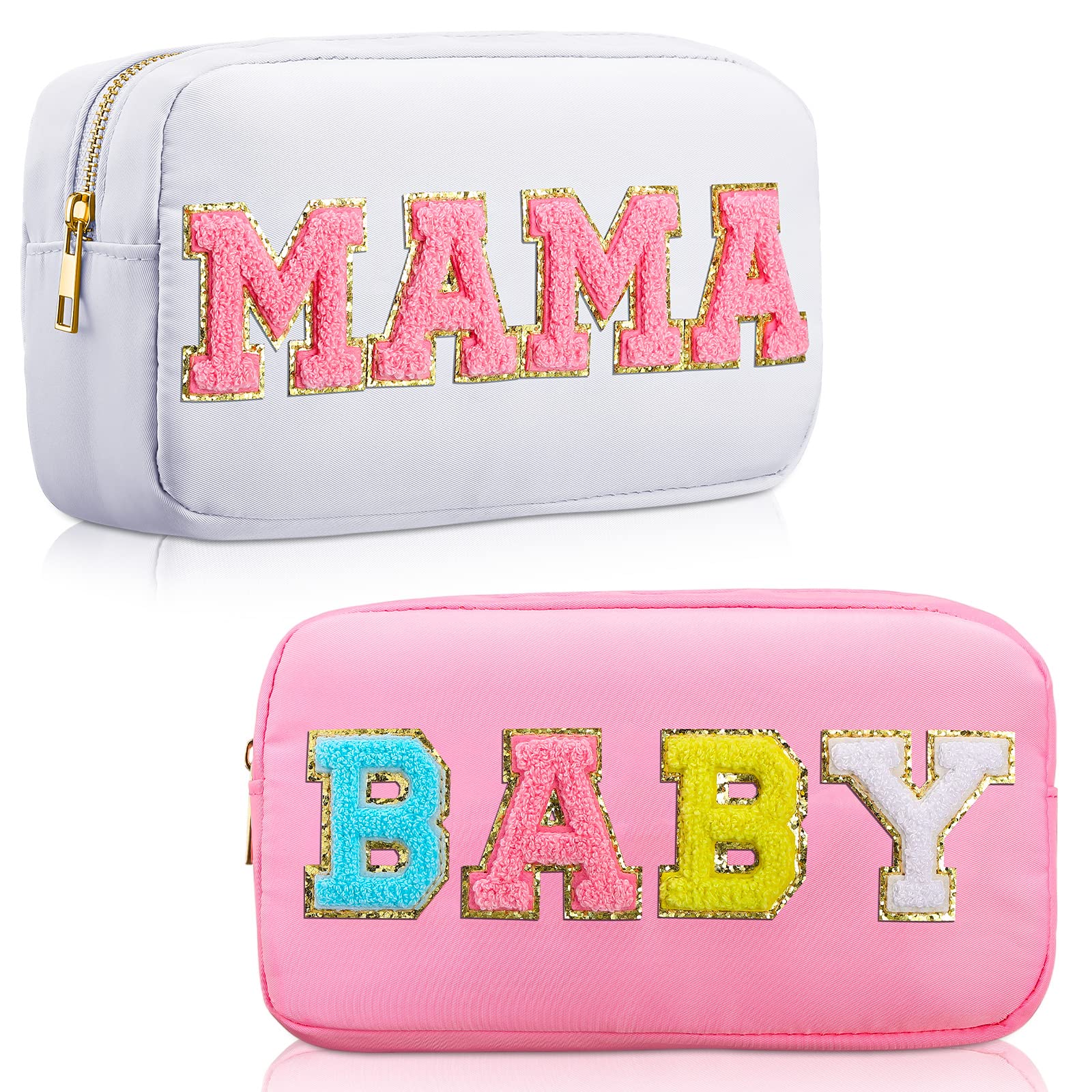 Sanwuta 2 Pack Nylon Cosmetic Makeup Bags with Chenille Letters - Zippered Travel Toiletry Pouches for Women, Girls, Baby & Mama (White & Pink) - Perfect for Travel, Gym, School & Daily Organization