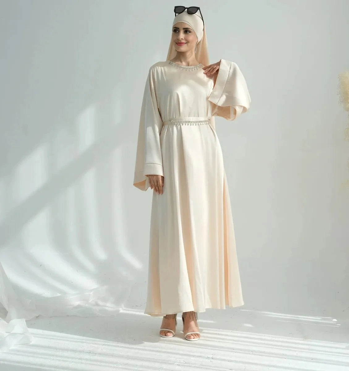 Elegant Crystal Belt Satin Abaya Dress with Matching Hijab & Necklace Set - Perfect for Eid, Weddings & Special Occasions