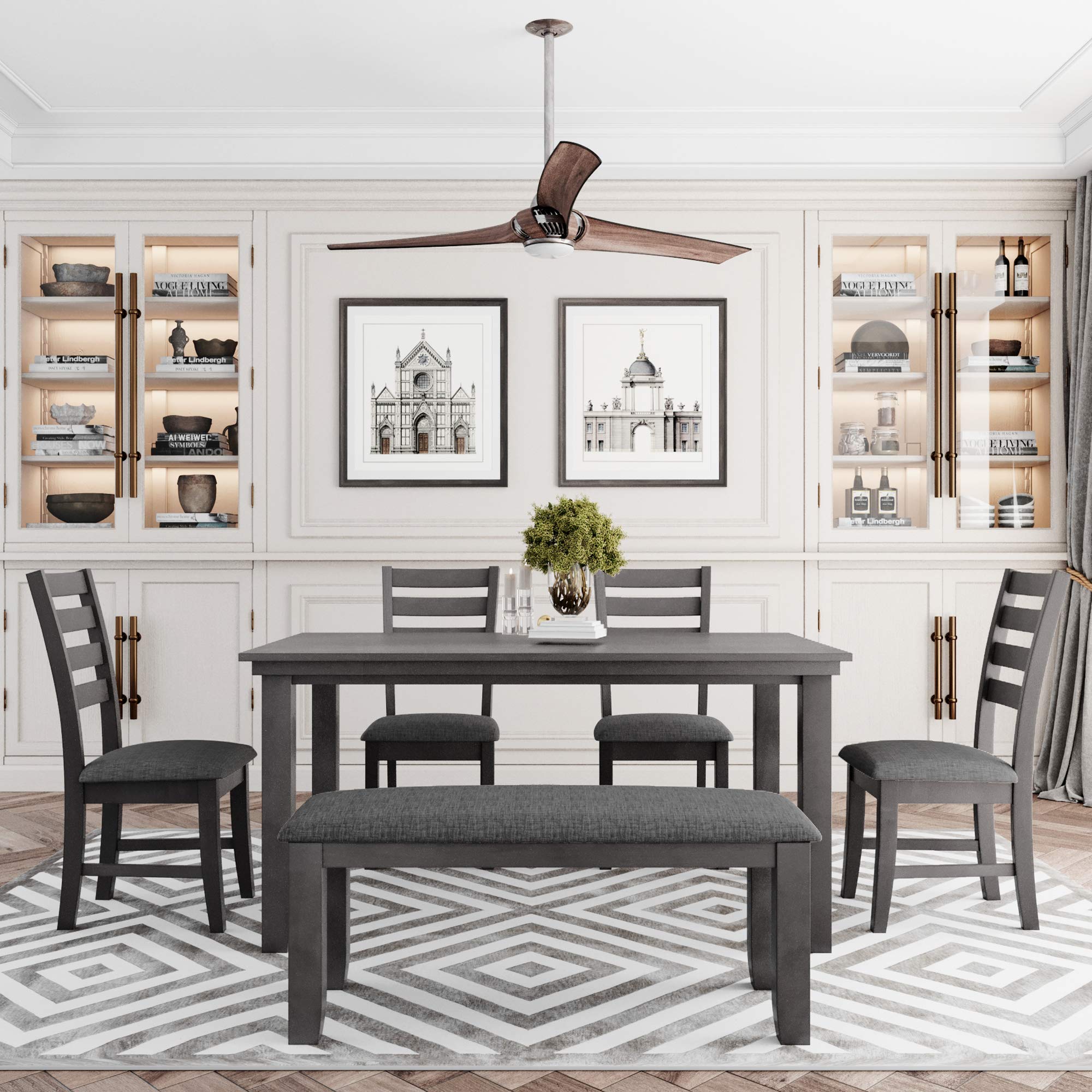 Knocbel 6-Piece Farmhouse Dining Set with Bench & Chairs - Distressed Gray Finish & Linen Padded Seats - Rustic Kitchen Table for Family Meals & Entertaining