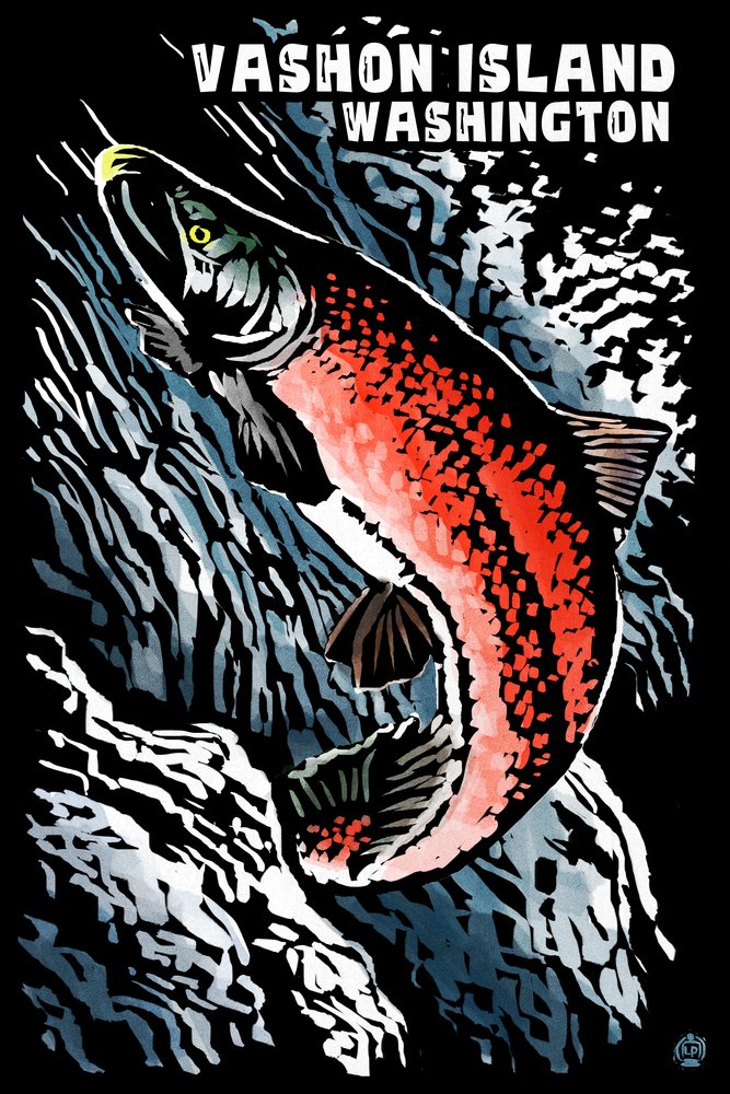 Vashon Island Washington Sockeye Salmon Scratchboard Art - 12x18 Wall Decor Poster for Living Room, Bedroom & Office | Pacific Northwest Wildlife Art