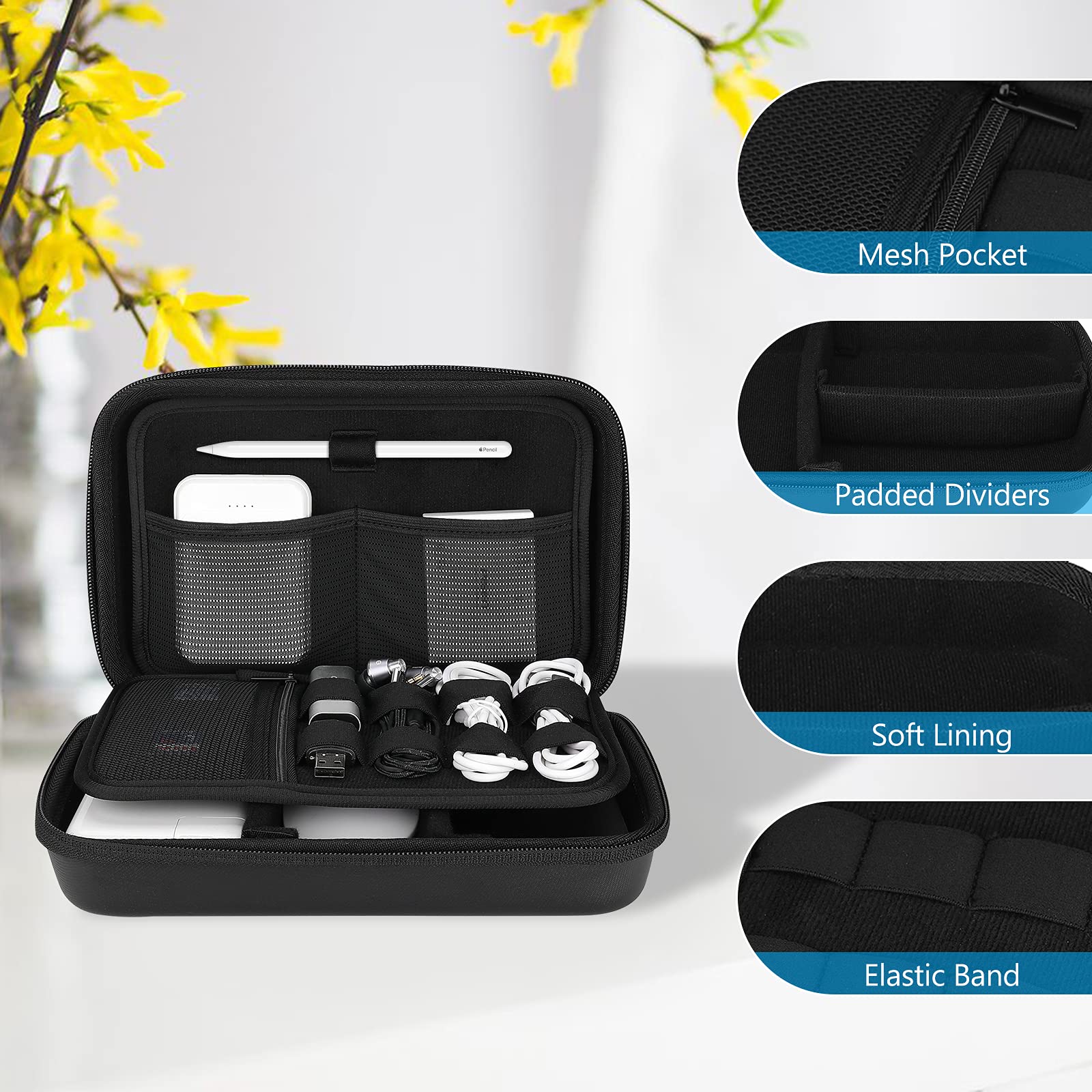 ProCase Hard Travel Electronic Organizer Case for MacBook Accessories - Fits Power Adapter, Chargers, Cables, Power Bank, Magic Mouse, Apple Pencil, USB Flash Drive & SD Cards - Compact Portable Storage Bag (Large, Black) - Perfect for Business Trips, Commuting & Tech Organization