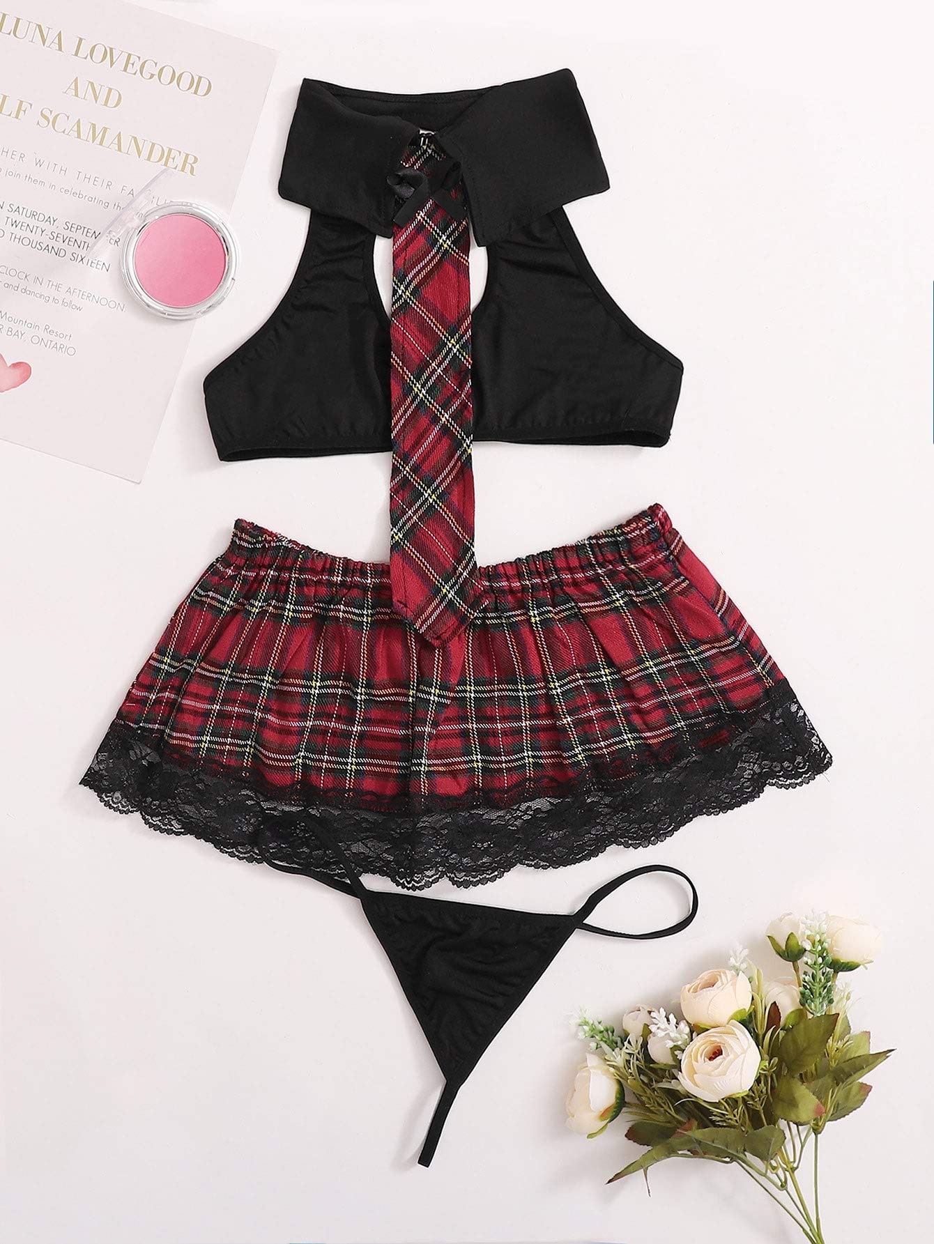 SweatyRocks Women's Sexy Lingerie Set - Lace Cosplay Top & Plaid Mini Skirt Outfit for Halloween, Party, Role Play & Boudoir Photography