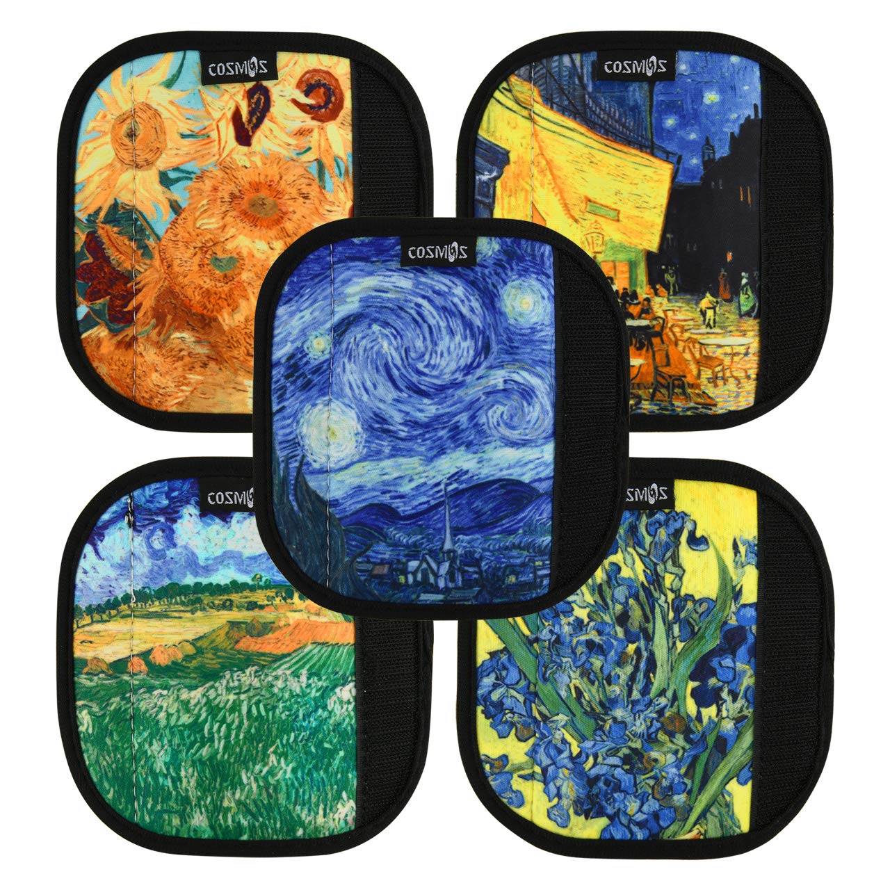 5-Pack Neoprene Luggage Handle Covers with Unique Painting Patterns - Comfortable Grip Protectors & Suitcase Identifiers for Travel Bags (VANGO Design) - Perfect for Airports, Business Trips, and Family Vacations