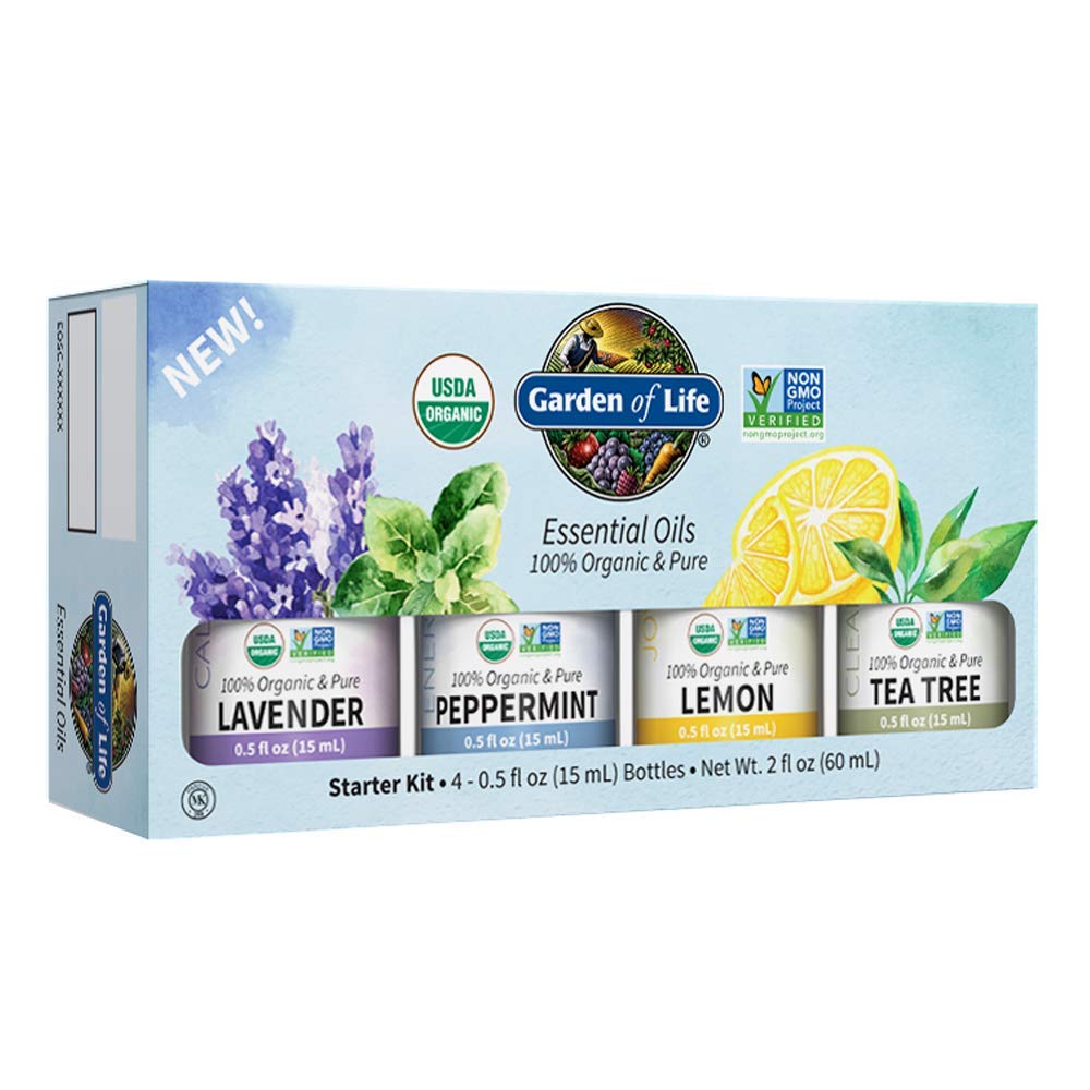 Garden of Life Essential Oils Starter Kit - 100% USDA Organic Lavender, Peppermint, Lemon & Tea Tree Oils | Non-GMO, Pure Aromatherapy Oils for Diffusers, Massage & Relaxation | 2 Fl Oz Each | Perfect for Home Spa, Yoga & Stress Relief