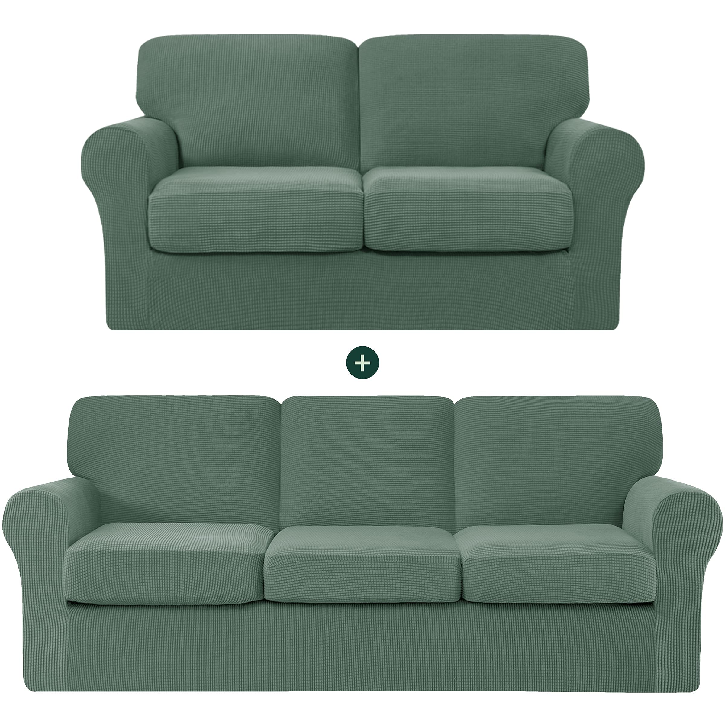 CHUN YI Loveseat Sofa Cover Set - Stretchable Jacquard Fabric Slipcover with Detachable Backrest & Cushions (Dark Cyan) - Perfect for Living Room, Bedroom, or Office Furniture Protection