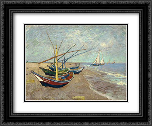 Vincent Van Gogh 'Fishing Boats on the Beach' 17x15 Framed Art Print - Museum Quality Black Ornate Frame with Double Matting - Perfect for Living Room, Bedroom & Office Wall Decor