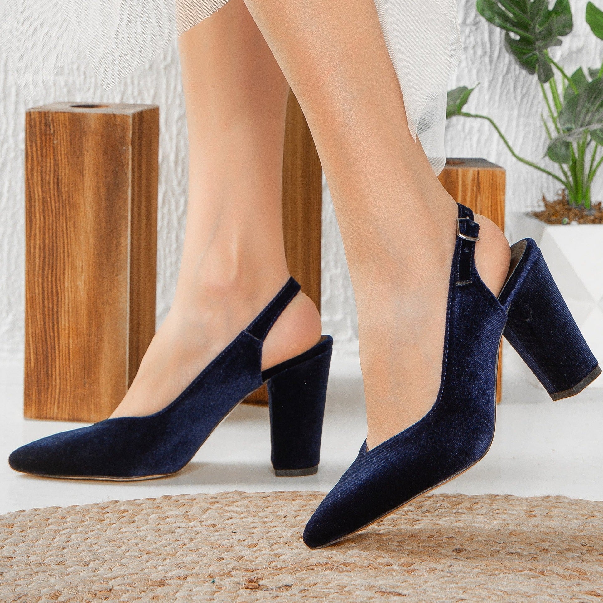 Emma Blue Velvet Slingback Heels - Women's Comfortable Dress Shoes for Party, Wedding & Evening Occasions