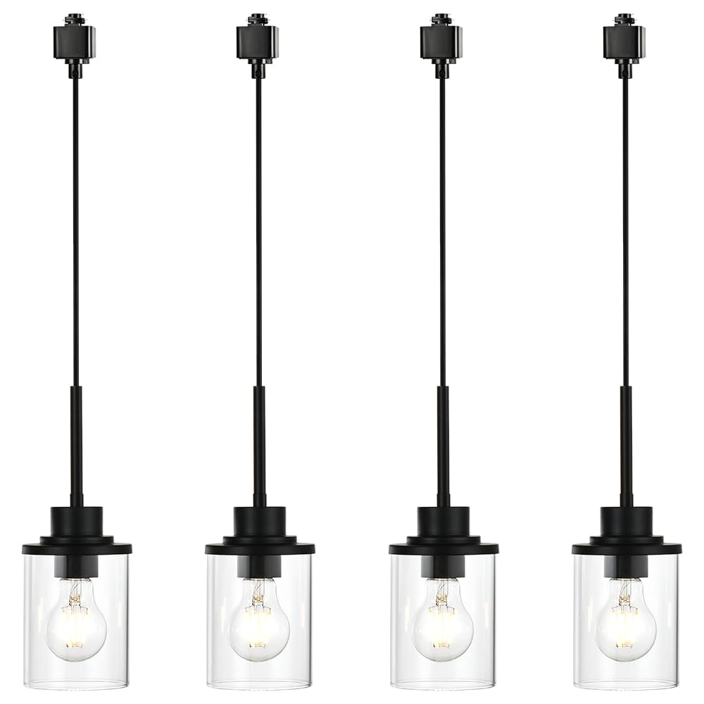 4-Lights H-Type Track Lighting Fixture - Dimmable Black Kitchen Pendant Light with Clear Glass Shades (45.8