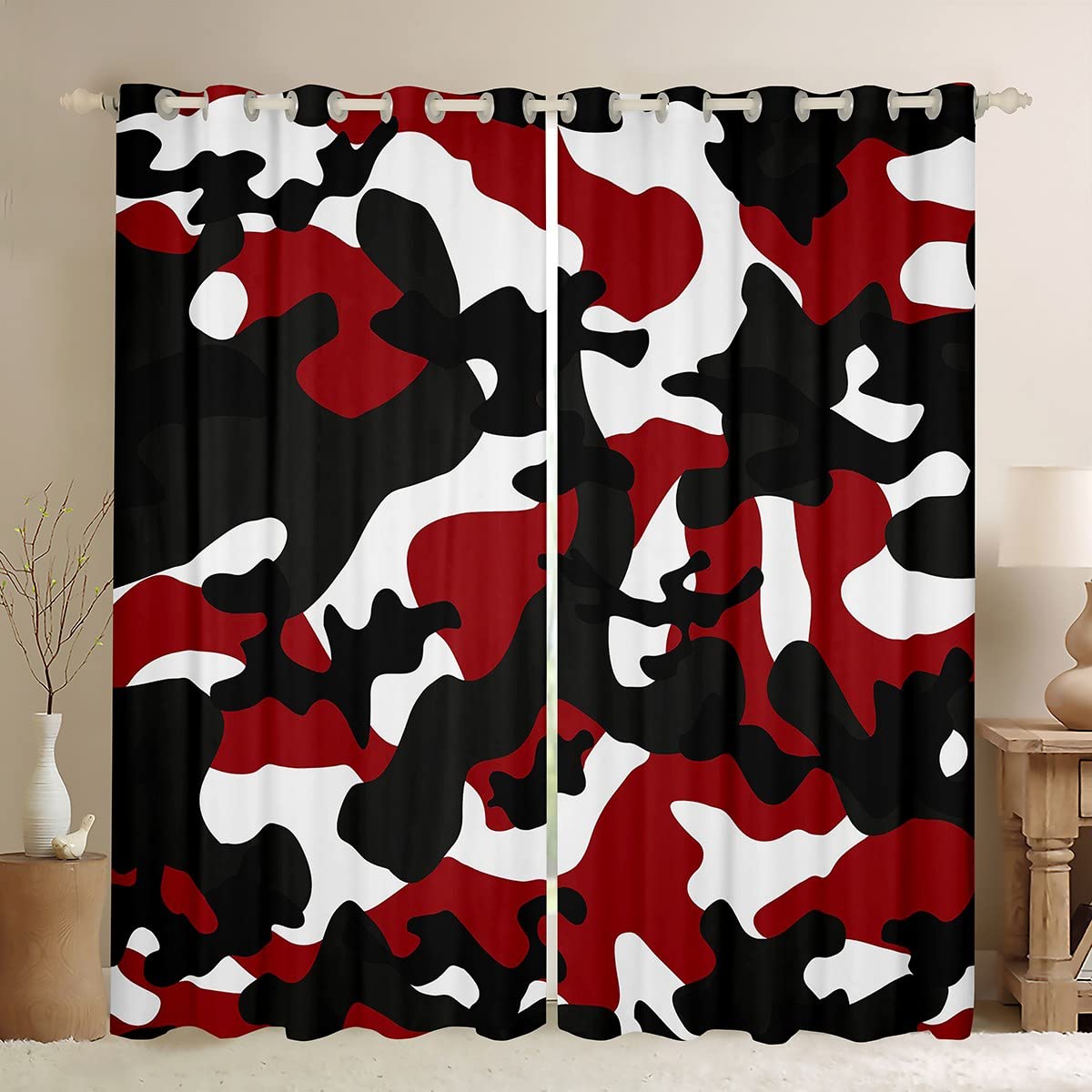 Army Camouflage Window Curtains for Kids & Teens - 52x90 Inch Black Red White Camo Drapes for Bedroom, Living Room - Boys Girls Youth Room Decor - Perfect for Military Theme Bedrooms & Game Rooms
