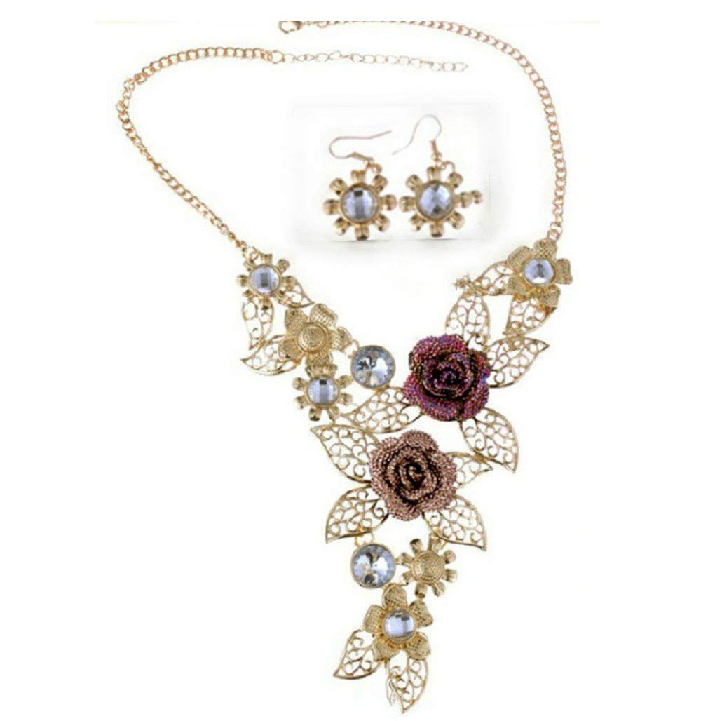 Evangelia.YM Women's Gothic Jewelry Set - Vintage Rose Gold Crystal Rhinestone Choker Necklace & Hollow Flower Earrings - Elegant Victorian Style Accessories for Parties, Weddings, and Date Nights
