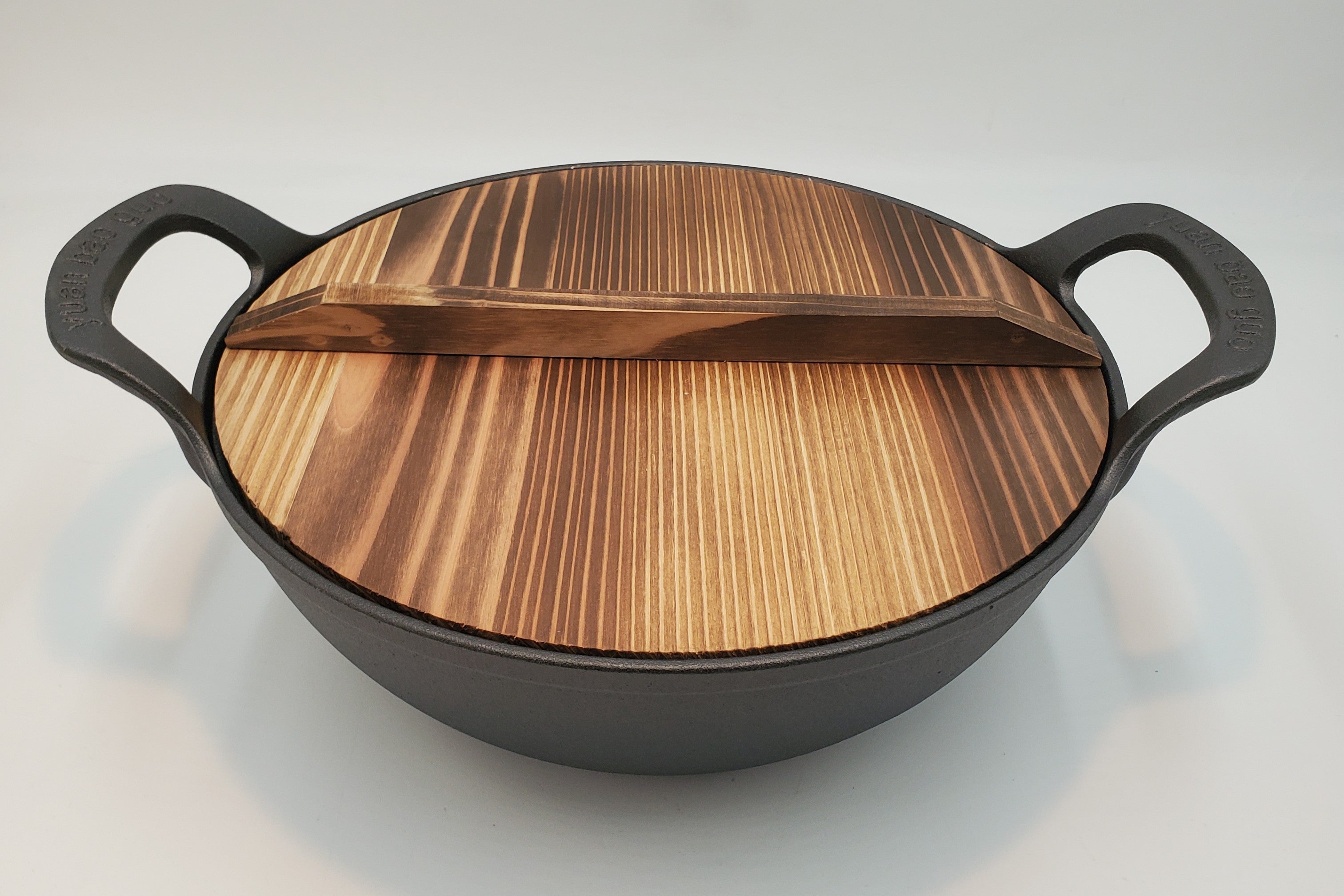 13X6 Cast Iron Wok with Wooden Lid - Heavy Duty Stir Fry Pan for Asian Cooking, Home Kitchen & Outdoor Camping
