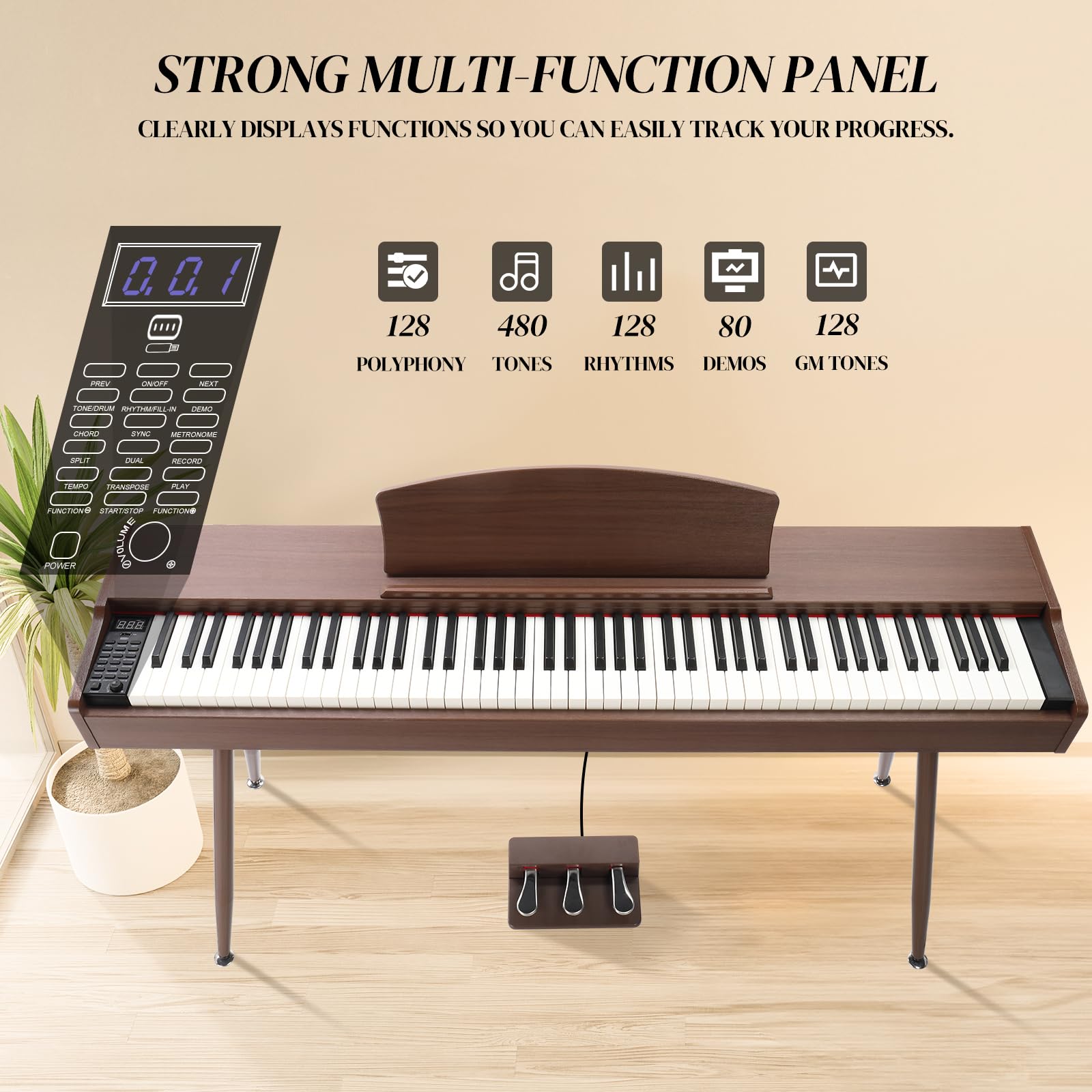Ktaxon 88-Key Weighted Action Digital Piano with 3-Pedal Unit, Removable Music Stand, Stereo Headphones & MIDI - Professional Electronic Keyboard for Home, Studio & Stage (Brown)